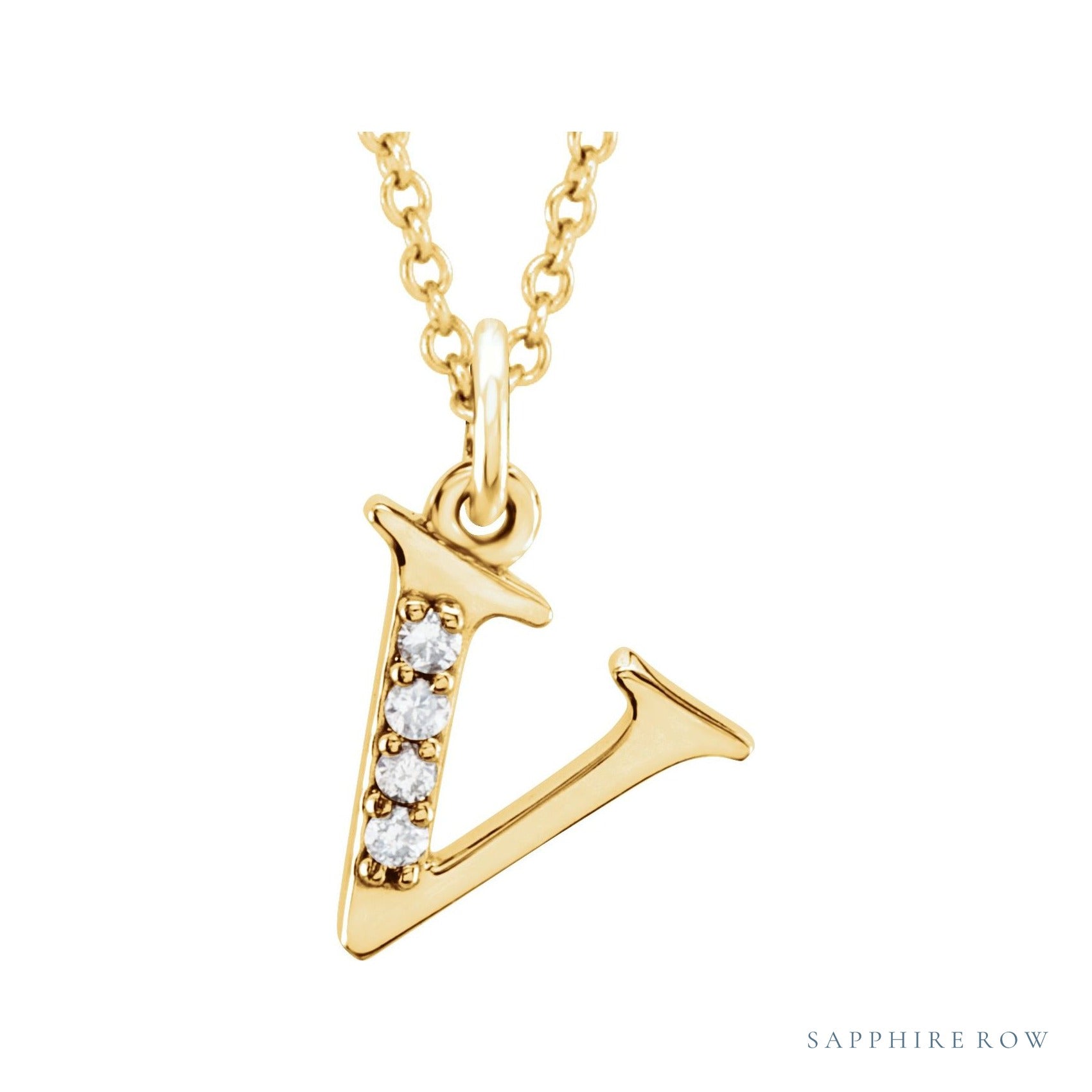Sapphire Row Natural Diamond Lowercase Initial Necklace - v, 14K Yellow Gold