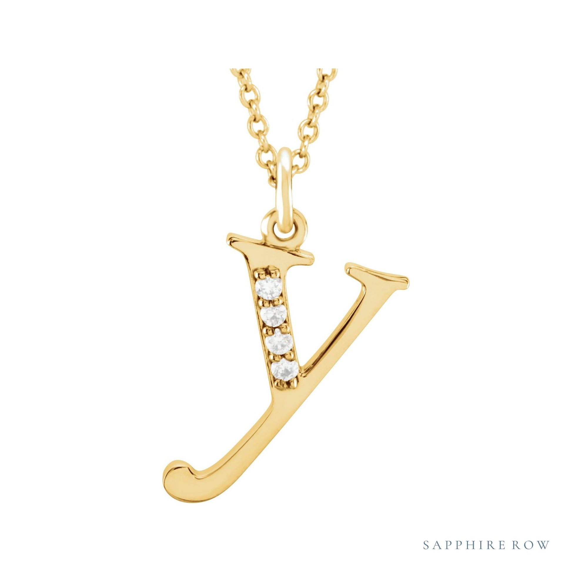 Sapphire Row Natural Diamond Lowercase Initial Necklace - y, 14K Yellow Gold