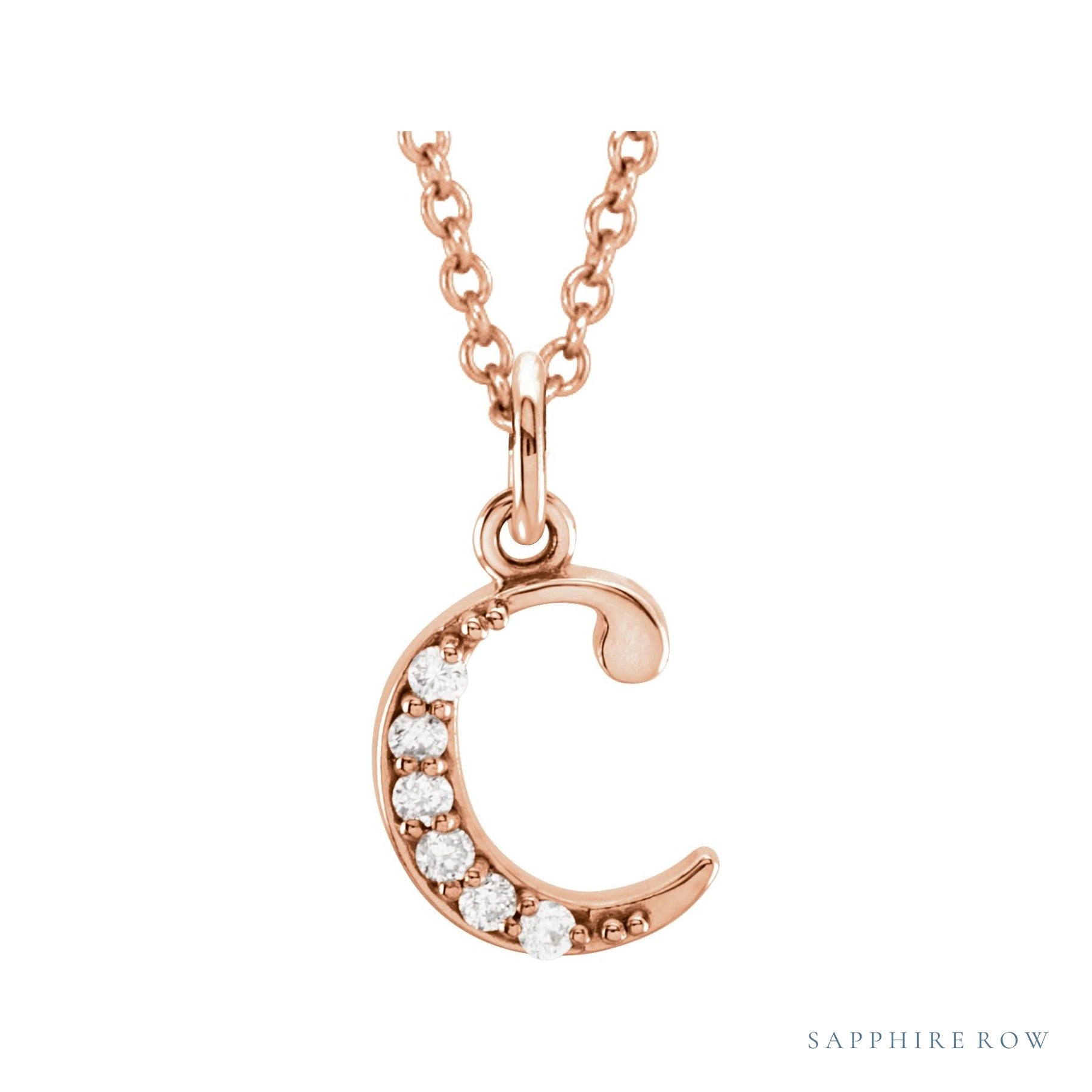 Sapphire Row Natural Diamond Lowercase Initial Necklace - c, 14K Rose Gold