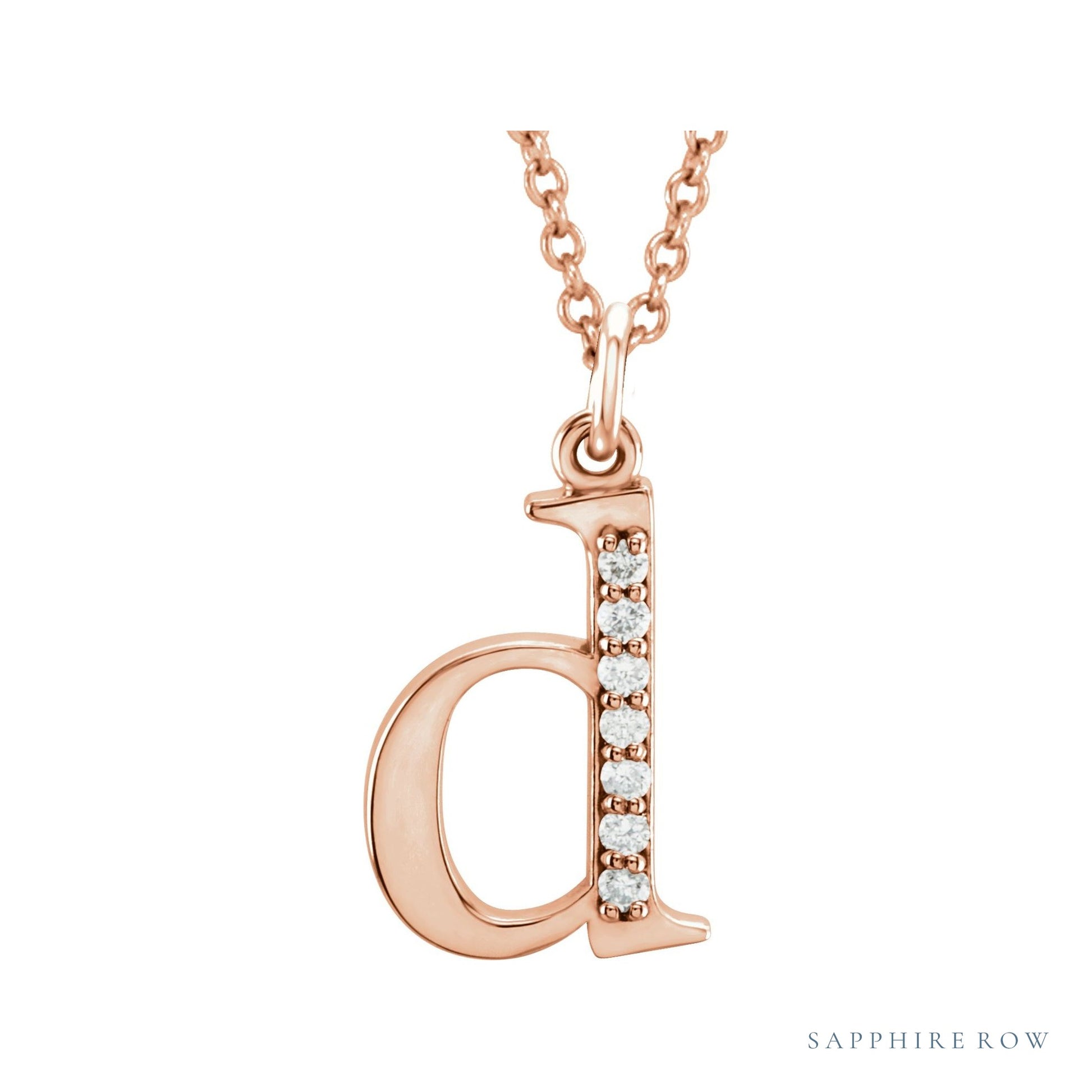 Sapphire Row Natural Diamond Lowercase Initial Necklace - d, 14K Rose Gold
