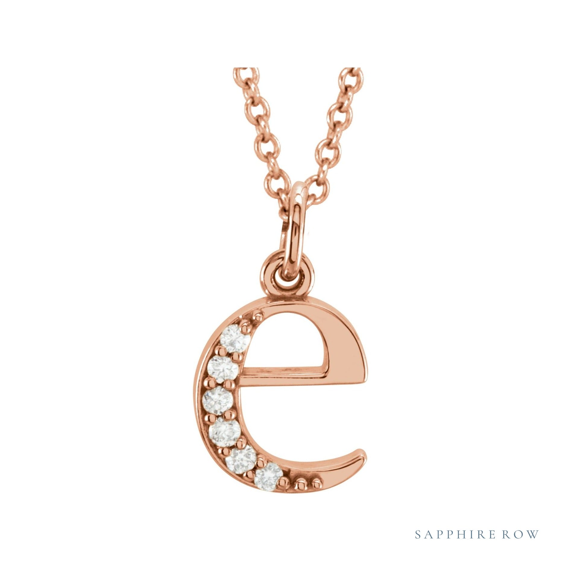 Sapphire Row Natural Diamond Lowercase Initial Necklace - e, 14K Rose Gold