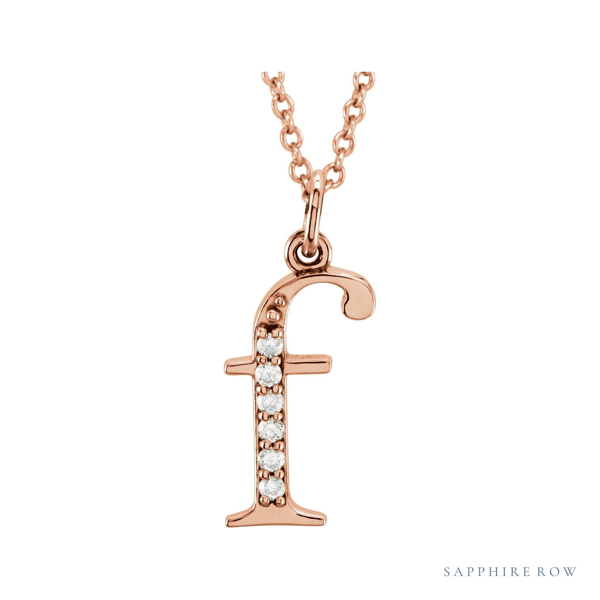 Sapphire Row Natural Diamond Lowercase Initial Necklace - f, 14K Rose Gold
