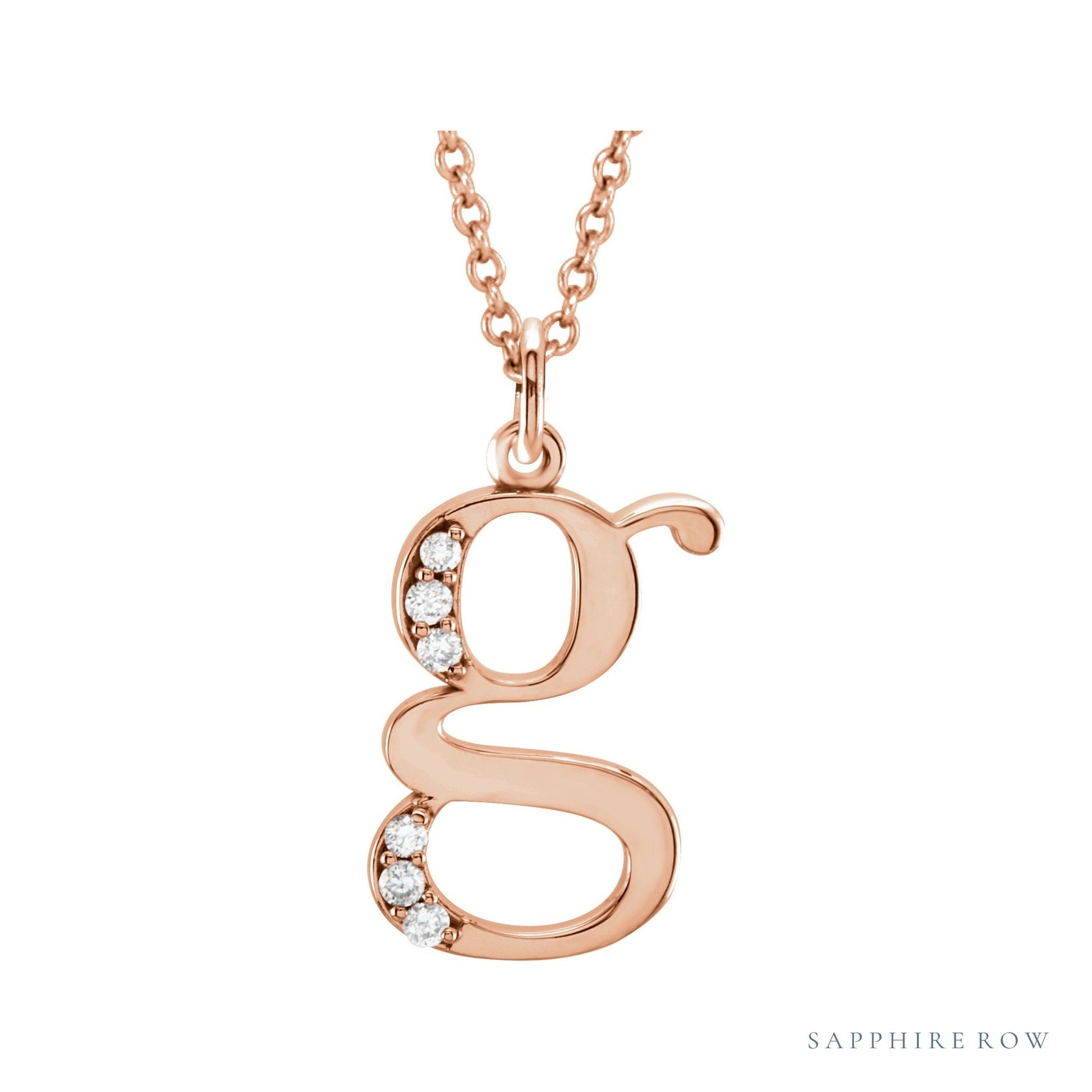 Sapphire Row Natural Diamond Lowercase Initial Necklace - g, 14K Rose Gold