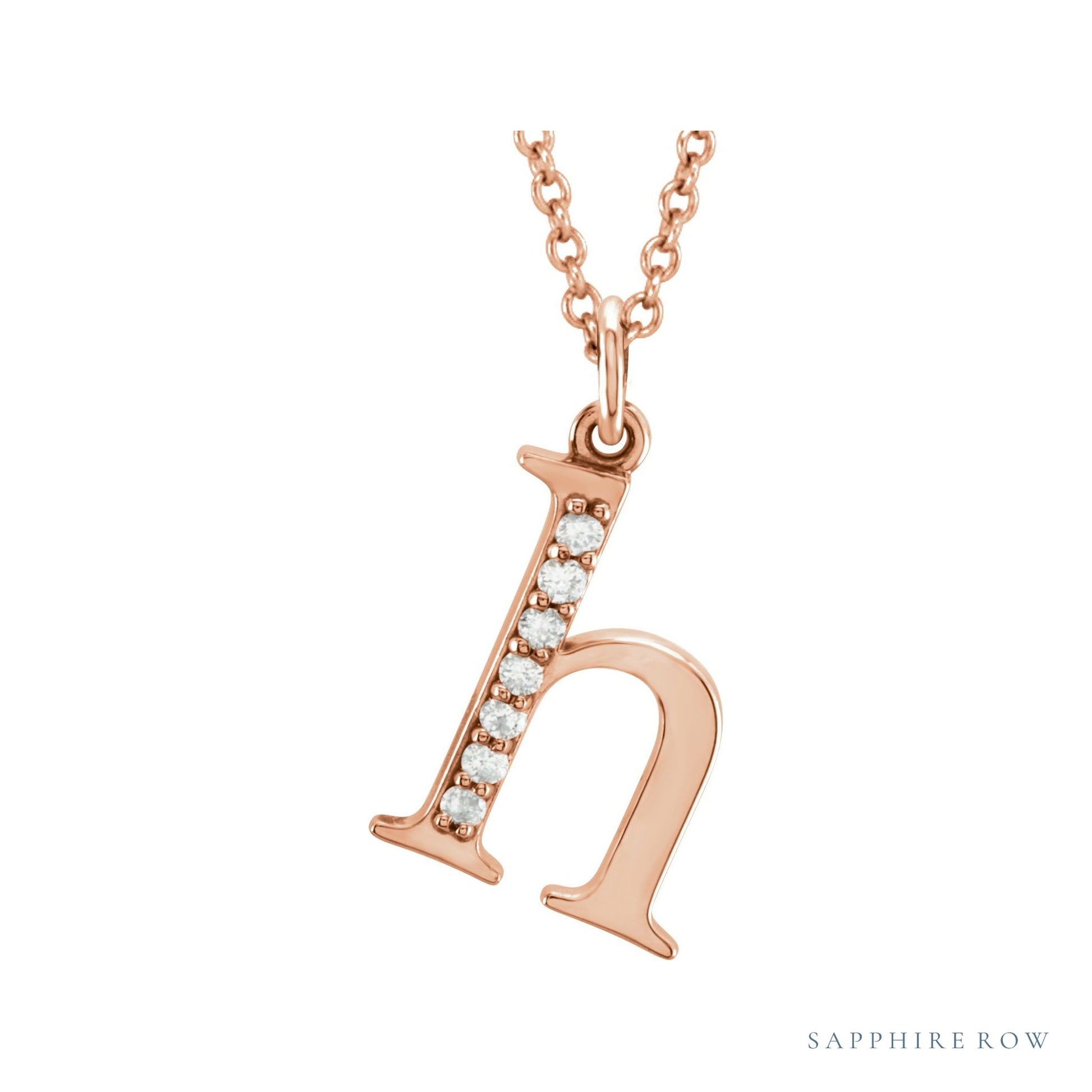 Sapphire Row Natural Diamond Lowercase Initial Necklace - h, 14K Rose Gold