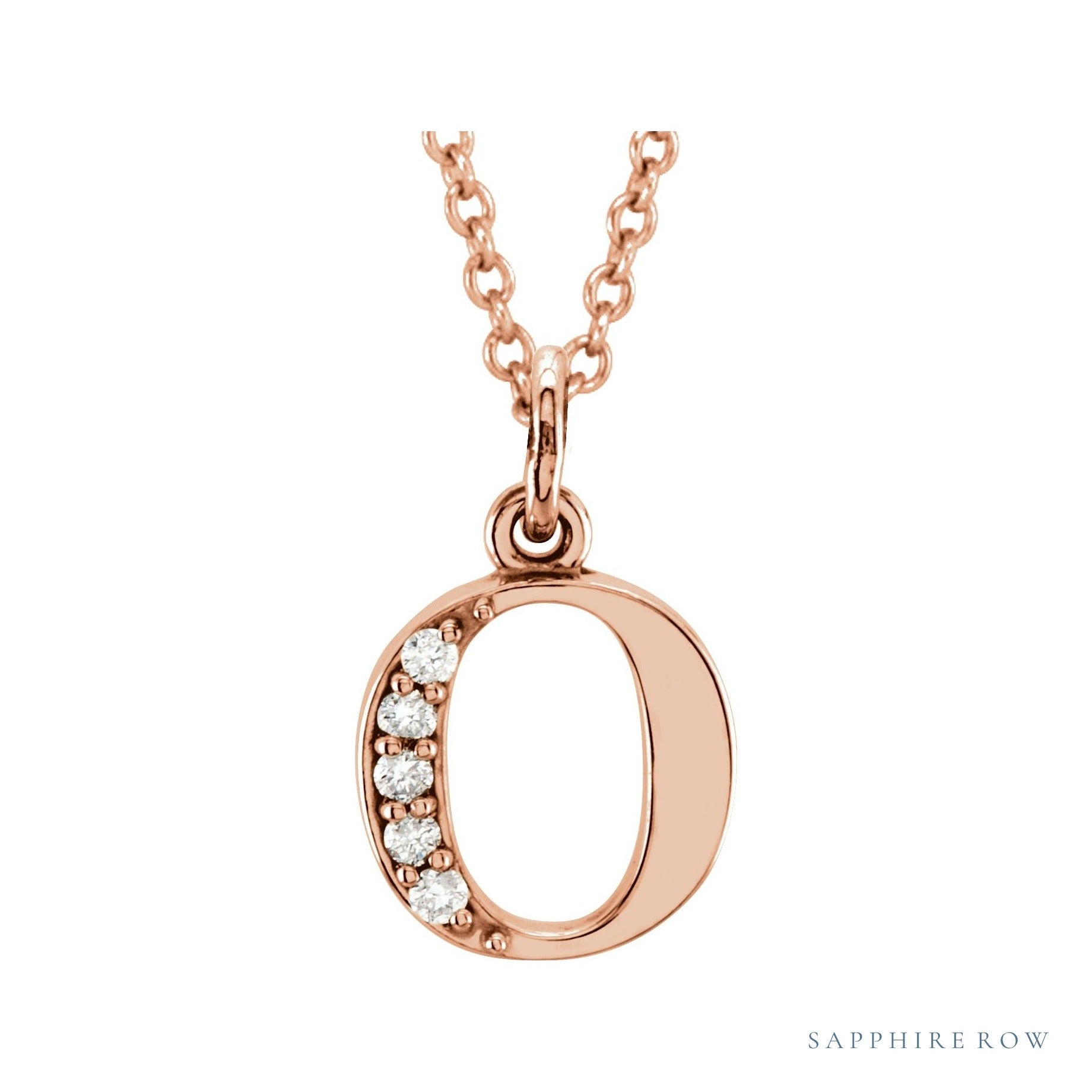 Sapphire Row Natural Diamond Lowercase Initial Necklace - o, 14K Rose Gold