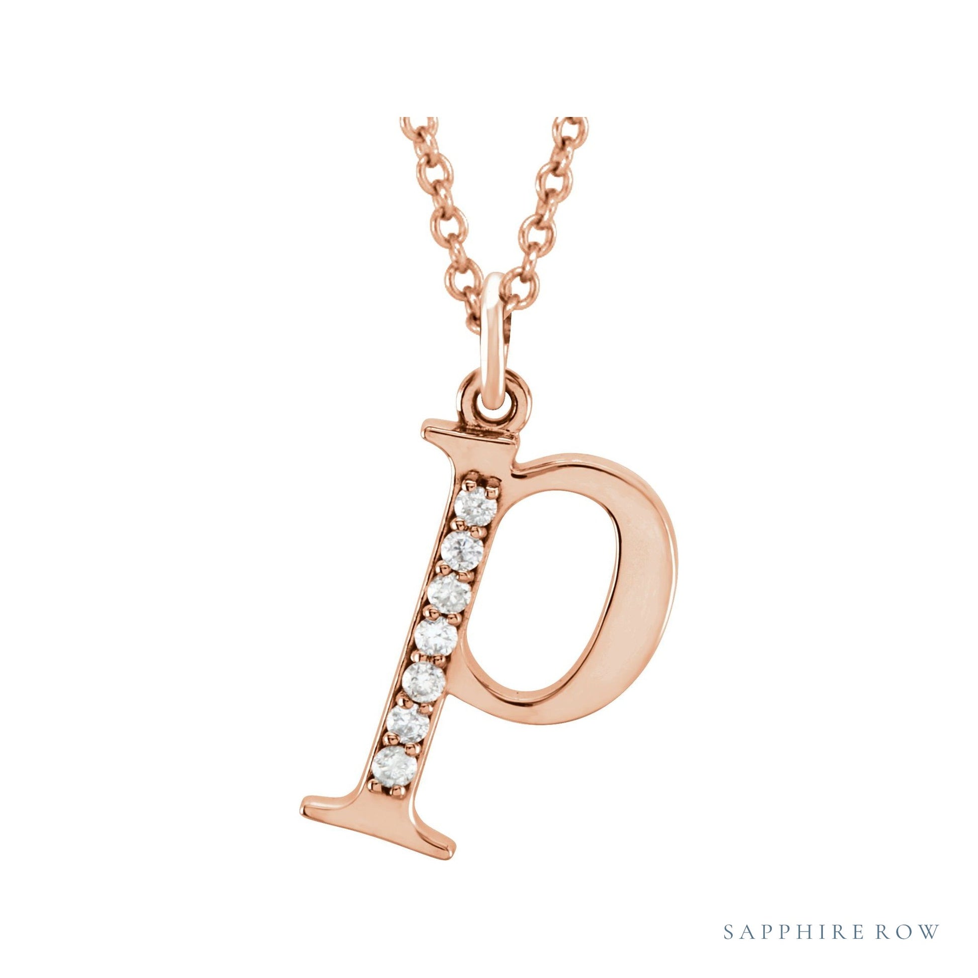 Sapphire Row Natural Diamond Lowercase Initial Necklace - p, 14K Rose Gold