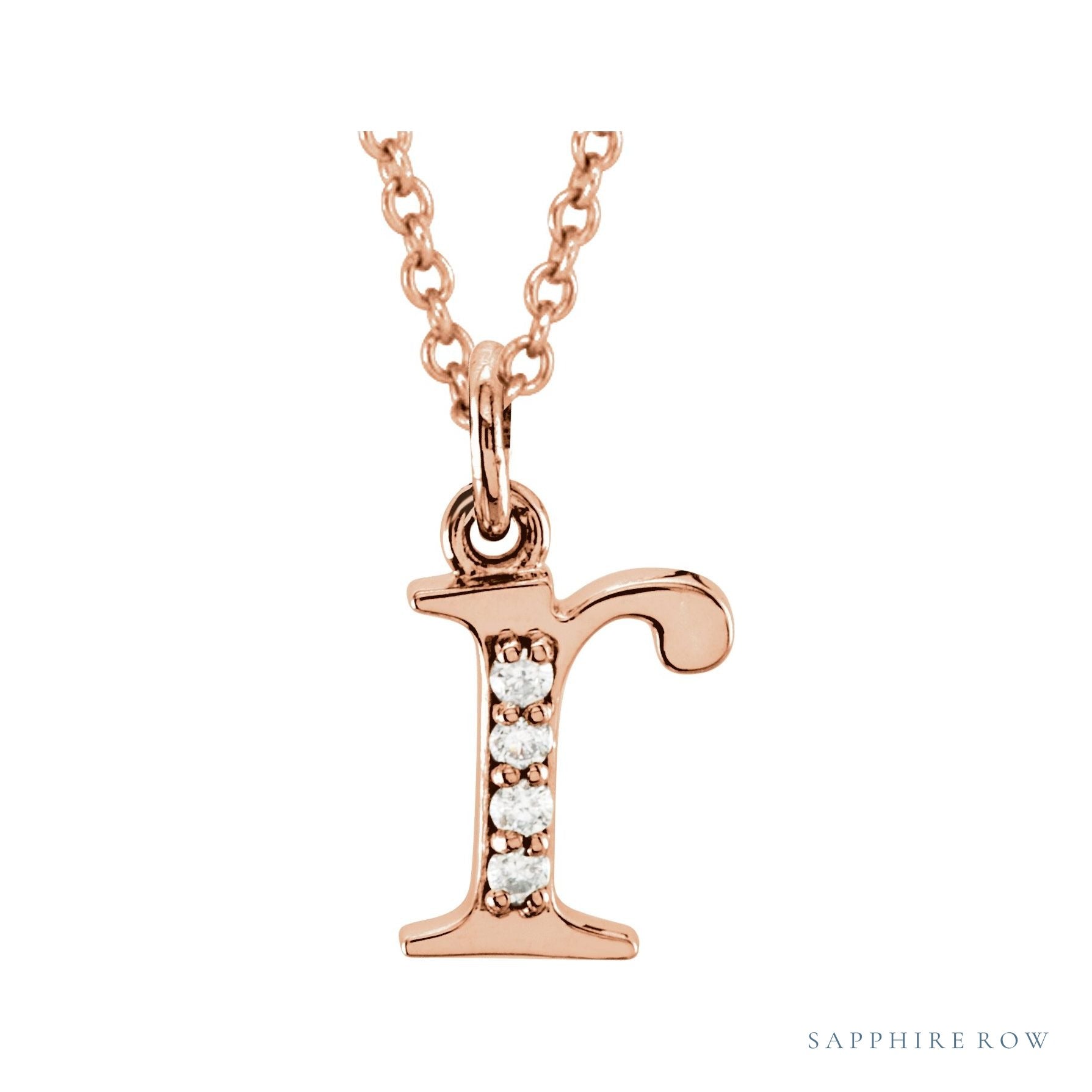 Sapphire Row Natural Diamond Lowercase Initial Necklace - r, 14K Rose Gold