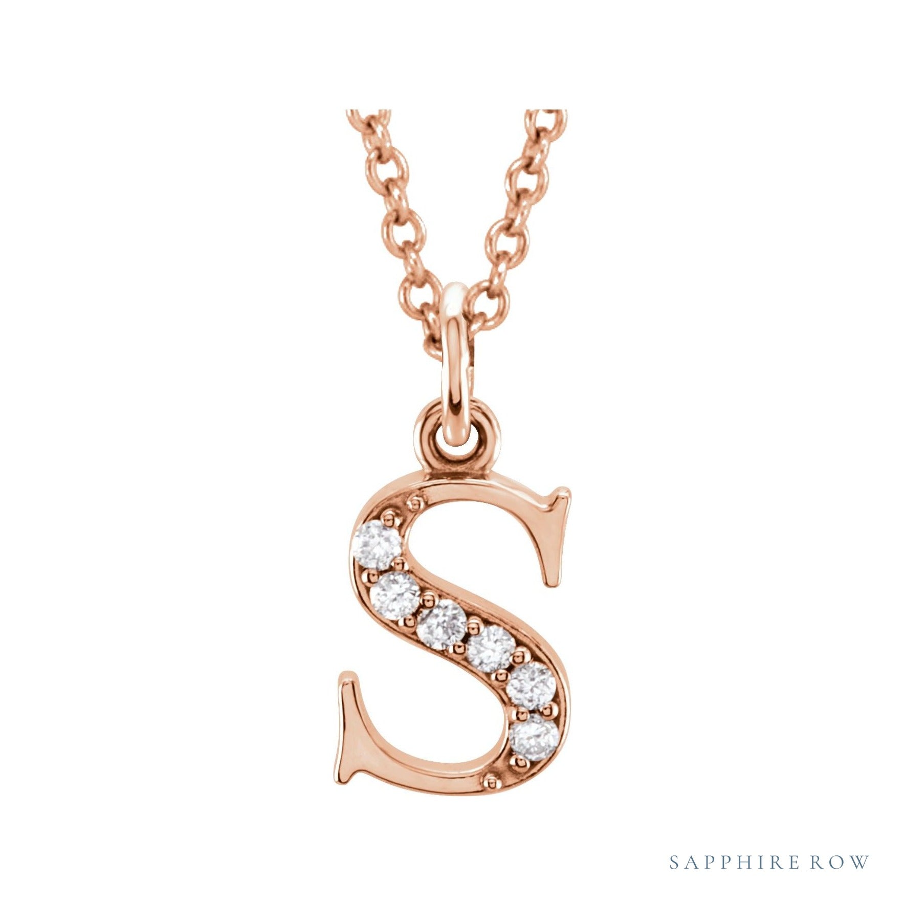 Sapphire Row Natural Diamond Lowercase Initial Necklace - s, 14K Rose Gold