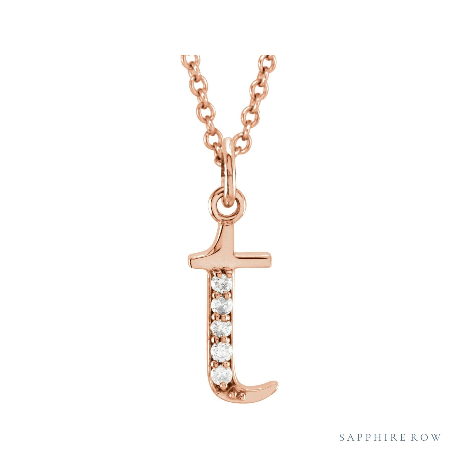 Sapphire Row Natural Diamond Lowercase Initial Necklace - t, 14K Rose Gold
