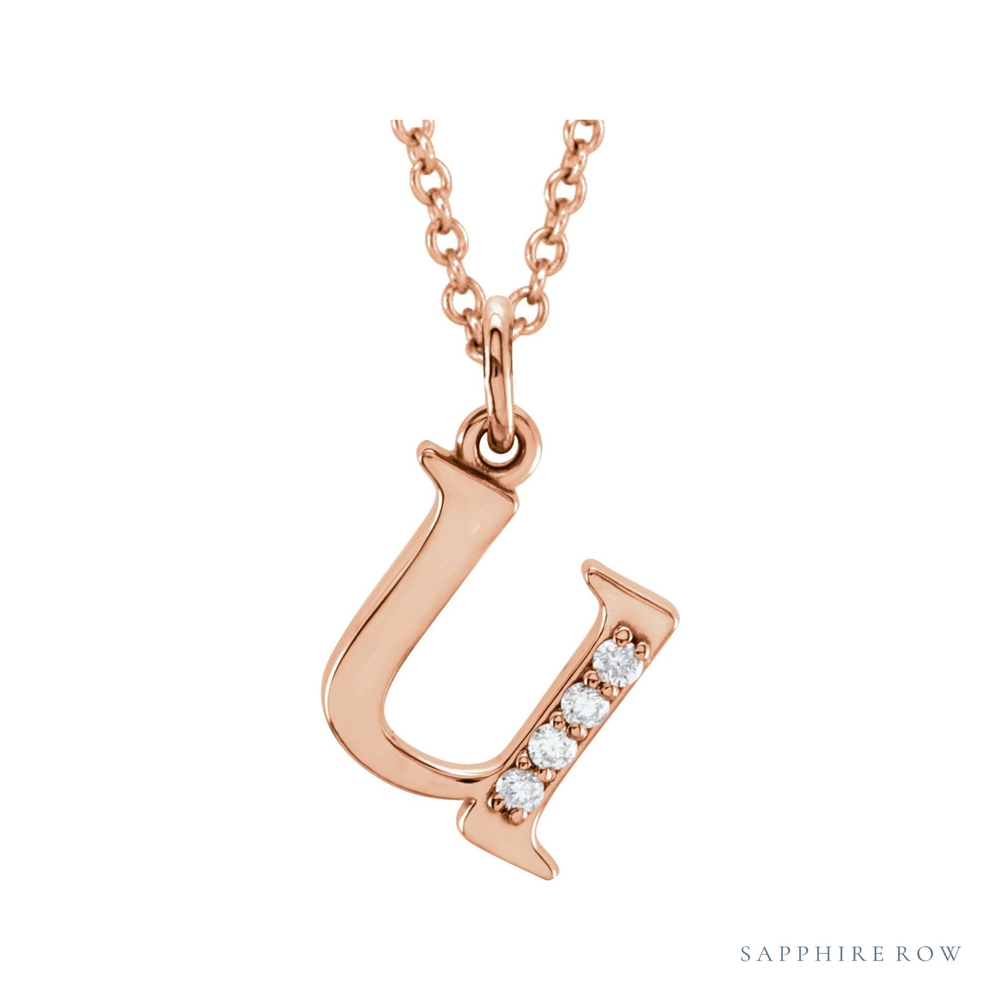 Sapphire Row Natural Diamond Lowercase Initial Necklace - u, 14K Rose Gold
