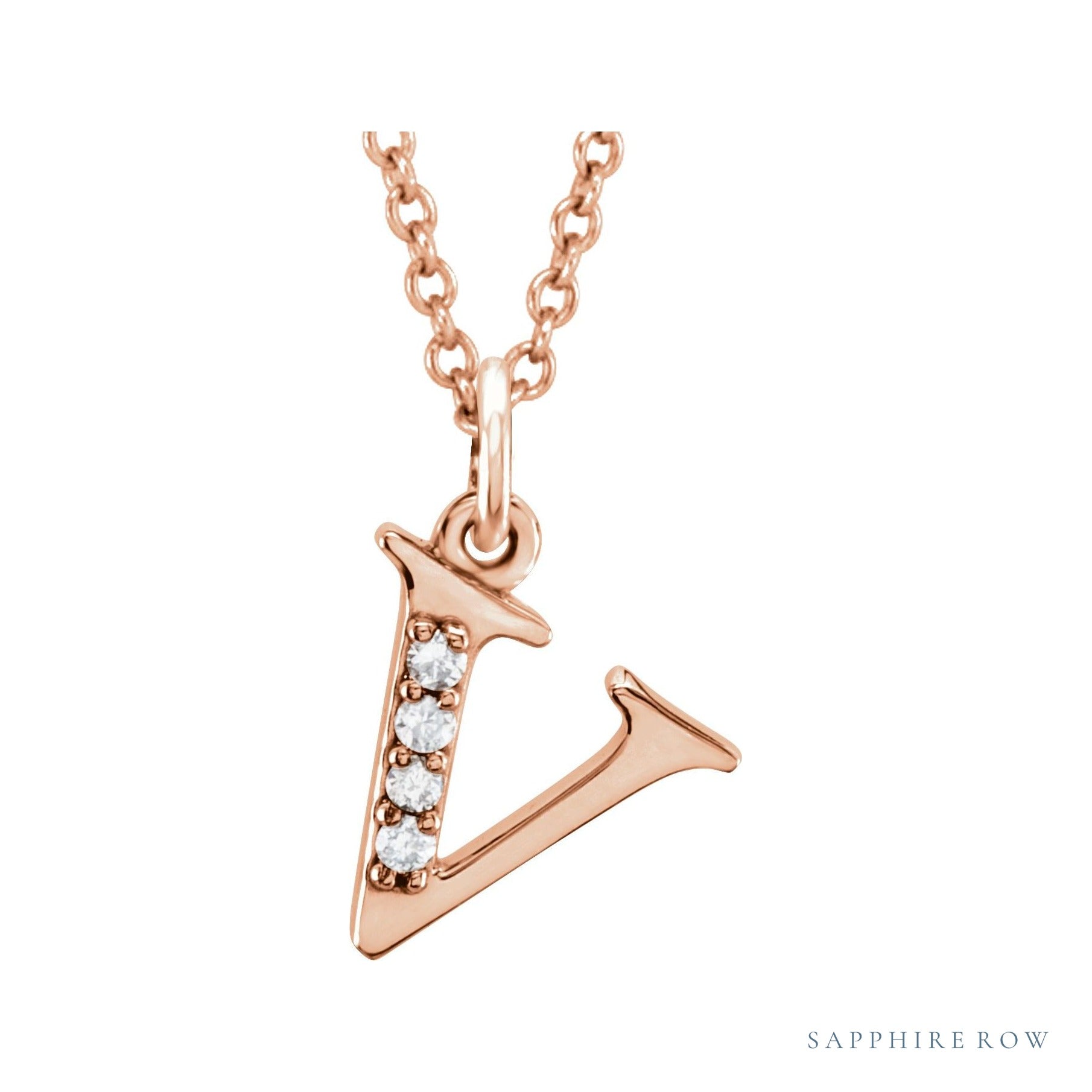 Sapphire Row Natural Diamond Lowercase Initial Necklace - v, 14K Rose Gold