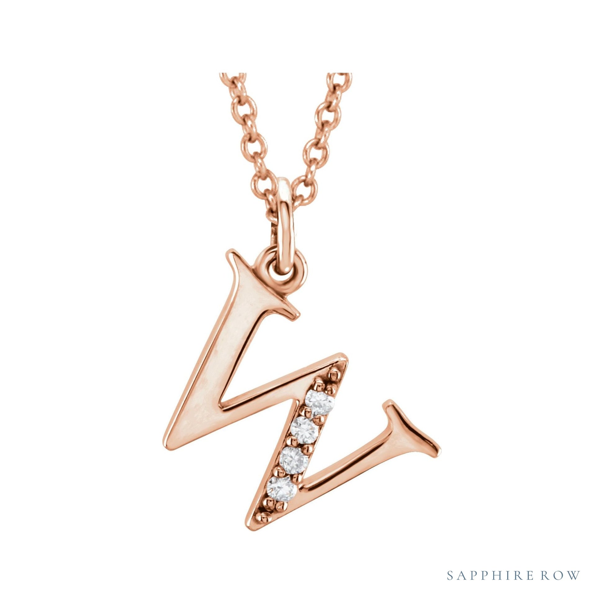 Sapphire Row Natural Diamond Lowercase Initial Necklace - w, 14K Rose Gold