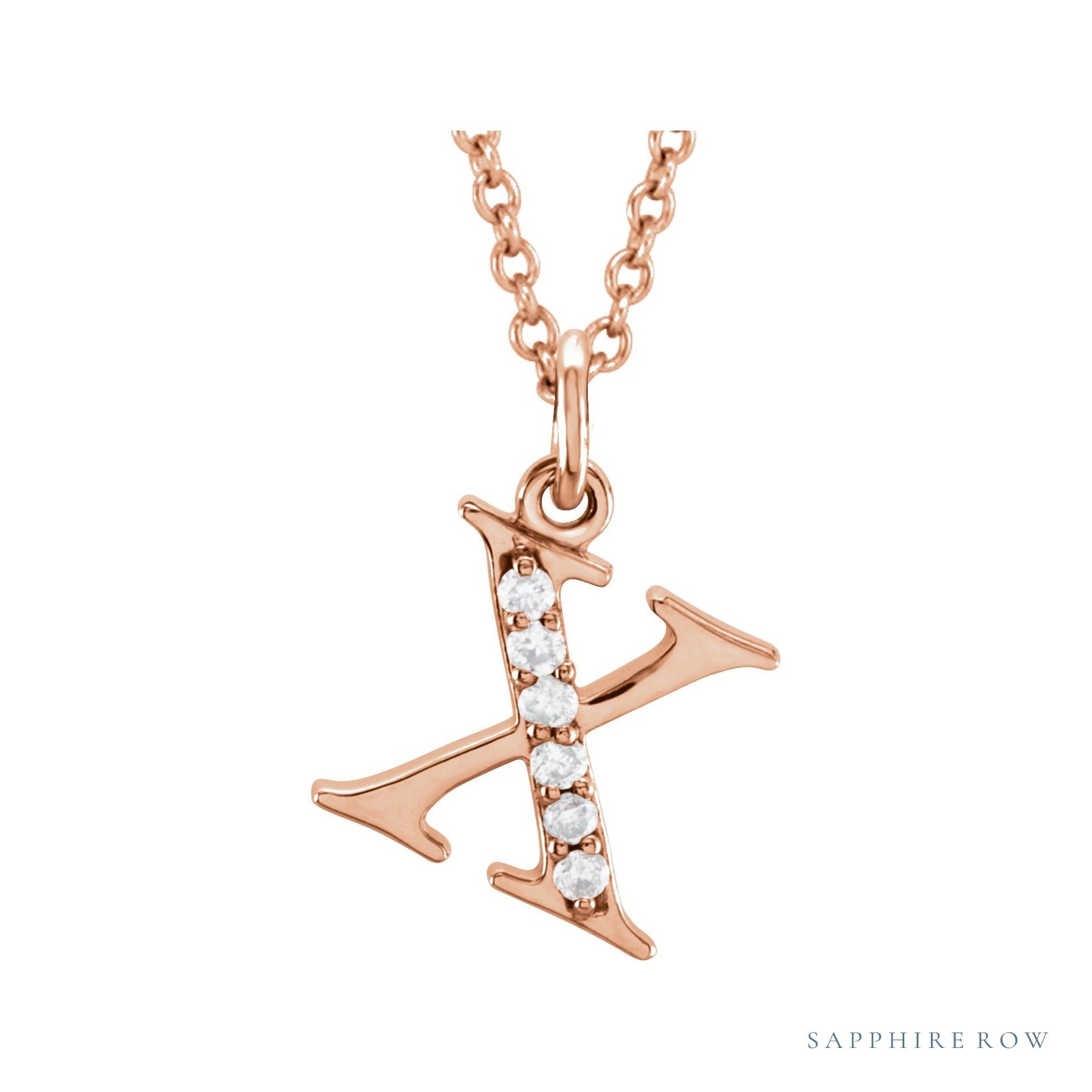Sapphire Row Natural Diamond Lowercase Initial Necklace - x, 14K Rose Gold