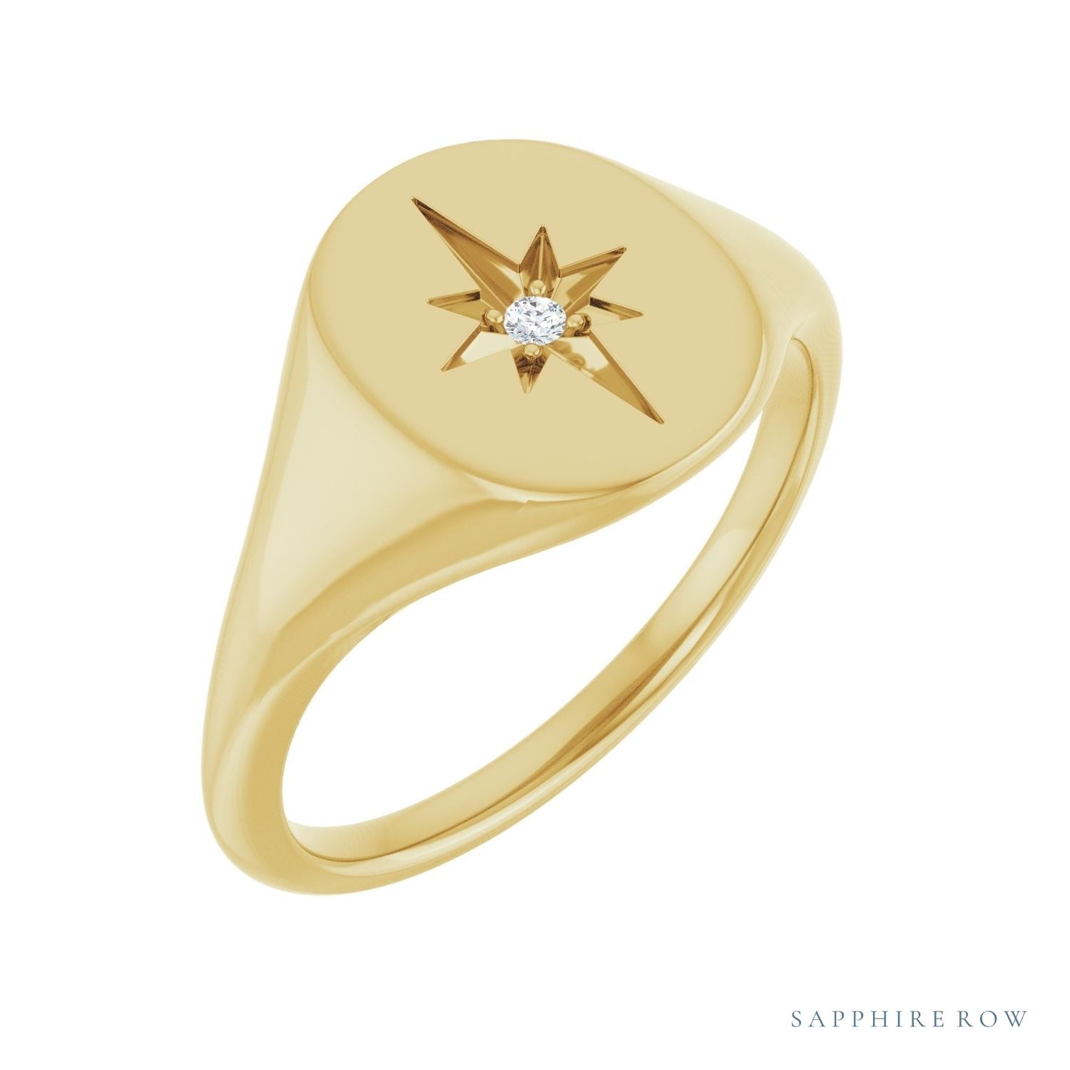 Sapphire Row Natural Diamond Starburst Signet Ring - 14K Yellow Gold