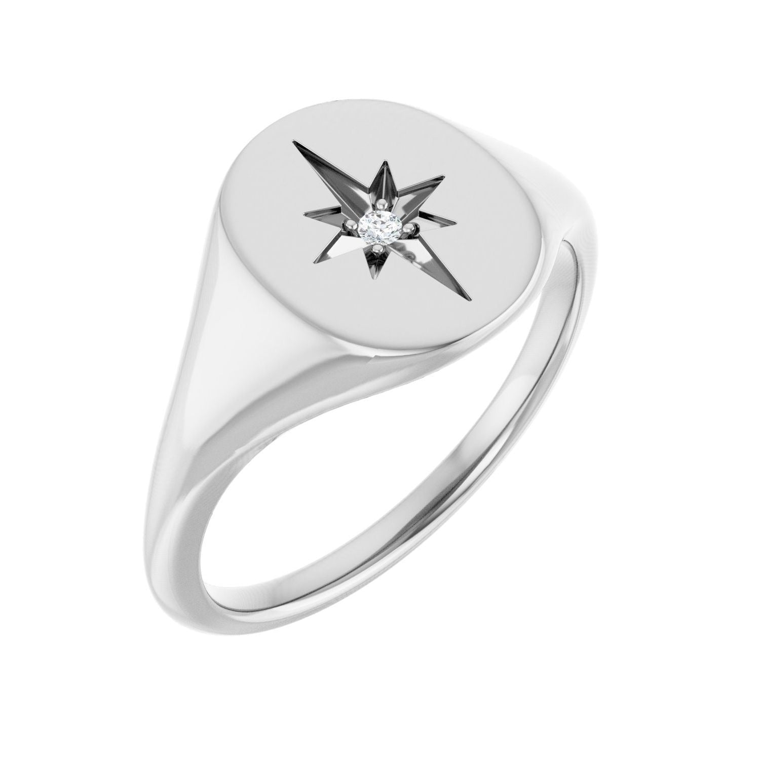 Sapphire Row Natural Diamond Starburst Signet Ring - 14K White Gold