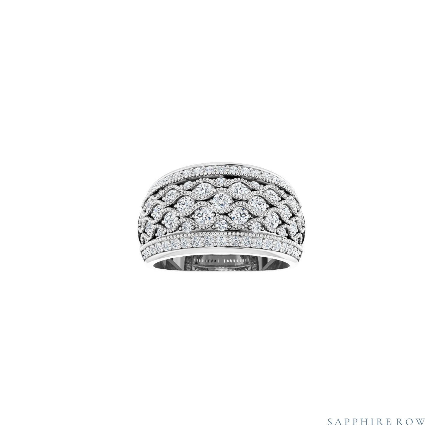 Sapphire Row Natural Diamond Intricate Dome Ring - 14K White Gold (view 3)