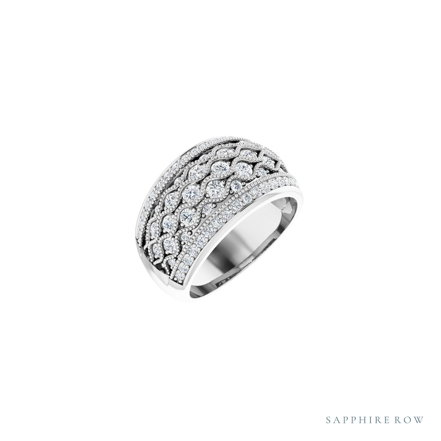 Sapphire Row Natural Diamond Intricate Dome Ring - 14K White Gold (view 6)