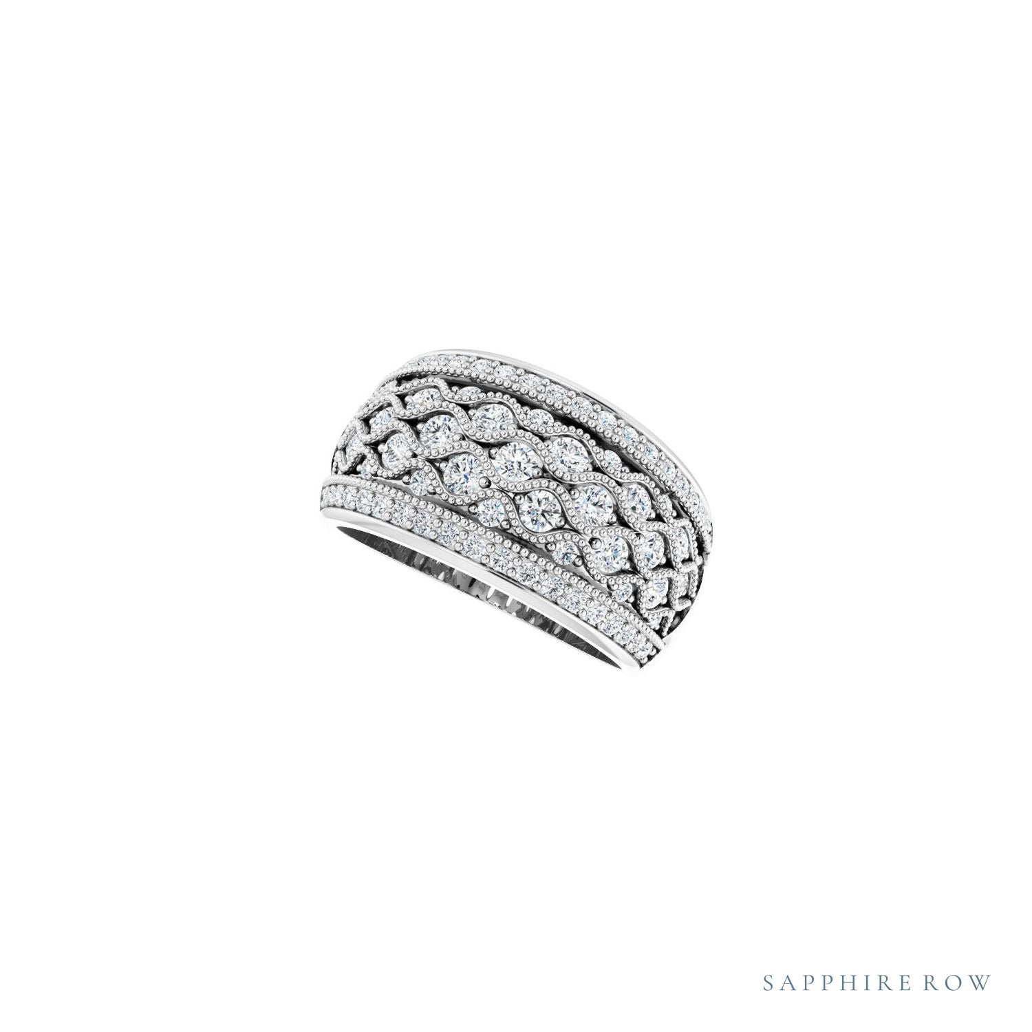 Sapphire Row Natural Diamond Intricate Dome Ring - 14K White Gold (view 9)