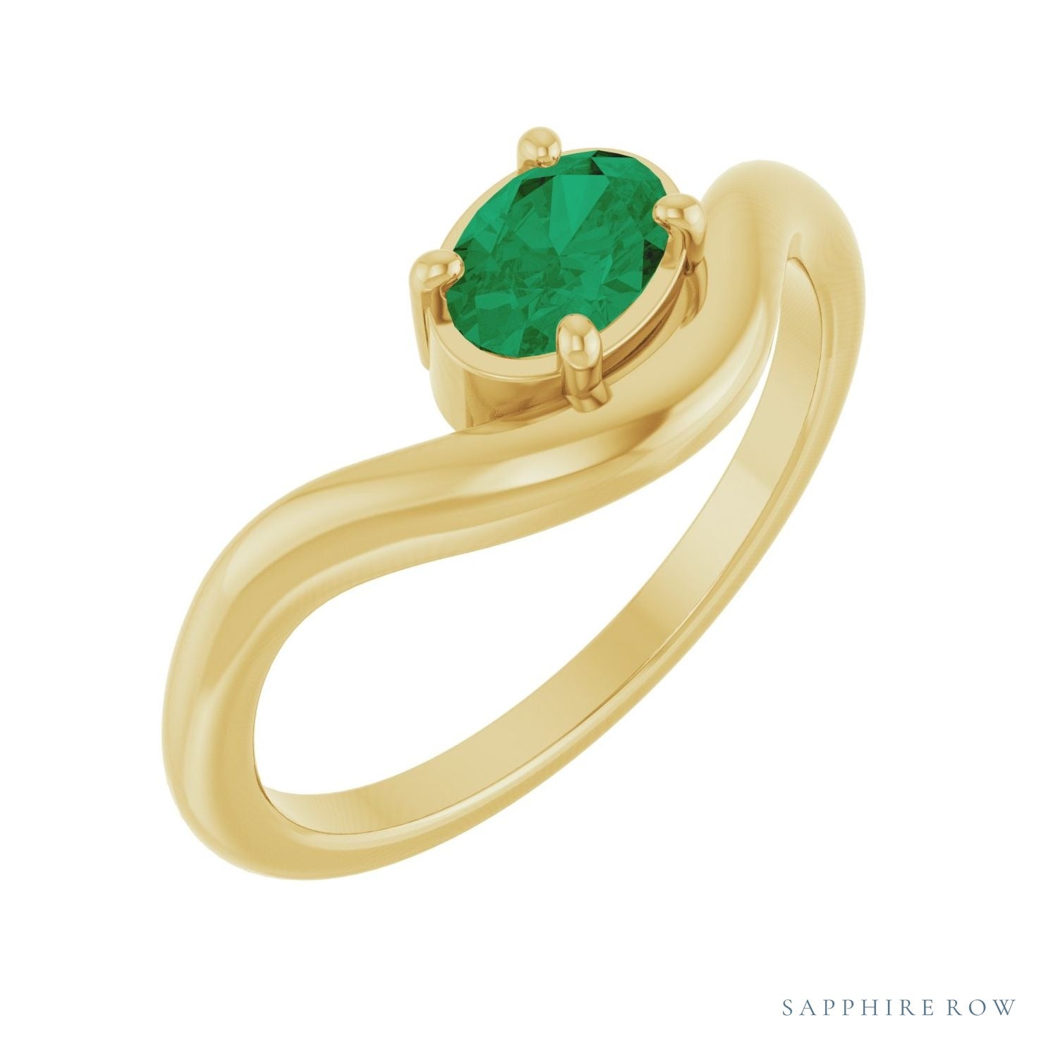 Sapphire Row Lab-Grown Gemstone Solitaire Wave Ring - Emerald, 14K Yellow Gold