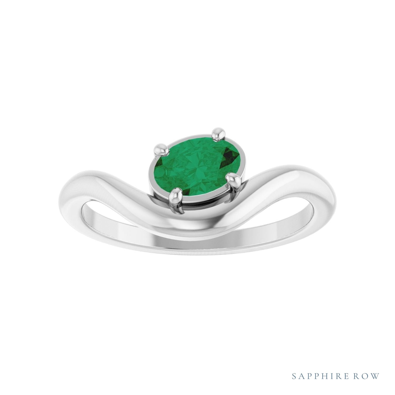 Sapphire Row Lab-Grown Gemstone Solitaire Wave Ring - Emerald, 14K White Gold (view 3)