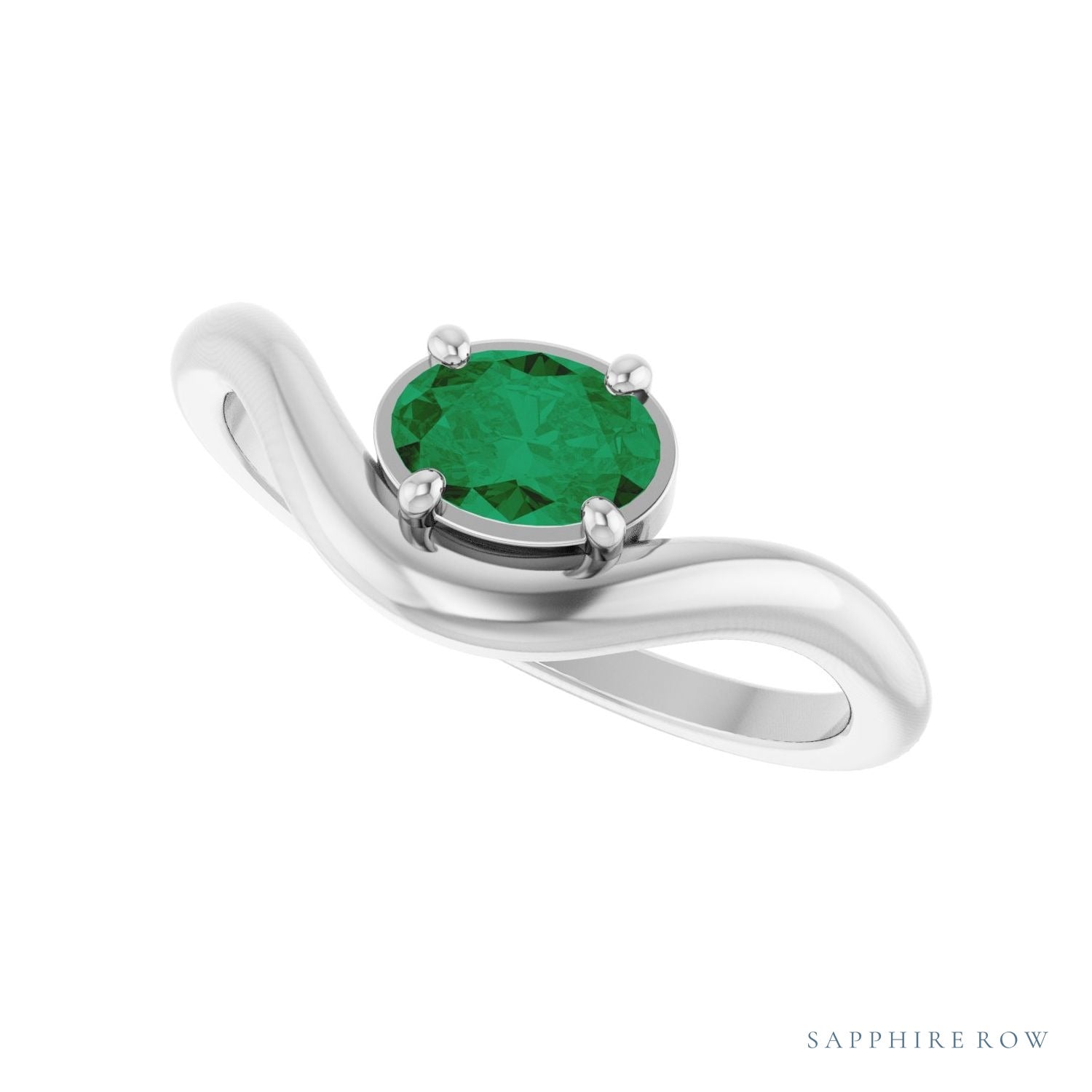 Sapphire Row Lab-Grown Gemstone Solitaire Wave Ring - Emerald, 14K White Gold (view 5)