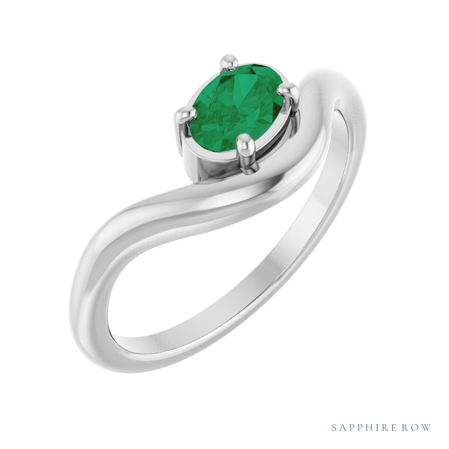 Sapphire Row Lab-Grown Gemstone Solitaire Wave Ring - Emerald, Platinum