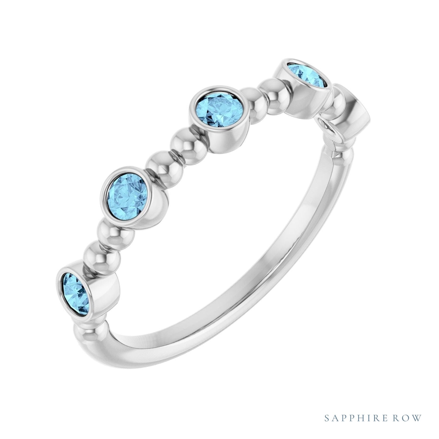 Sapphire Row Natural Gemstone Bead & Bezel Stacking Ring - Aquamarine, Platinum