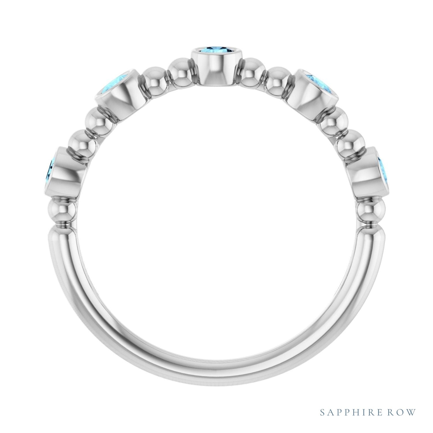 Sapphire Row Natural Gemstone Bead & Bezel Stacking Ring - Aquamarine, 14K White Gold (view 2)