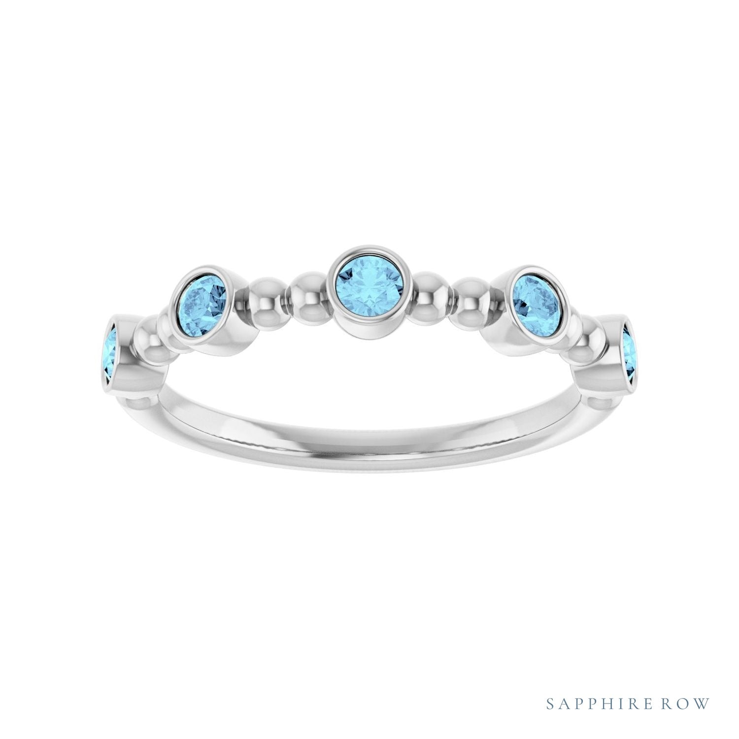 Sapphire Row Natural Gemstone Bead & Bezel Stacking Ring - Aquamarine, 14K White Gold (view 3)