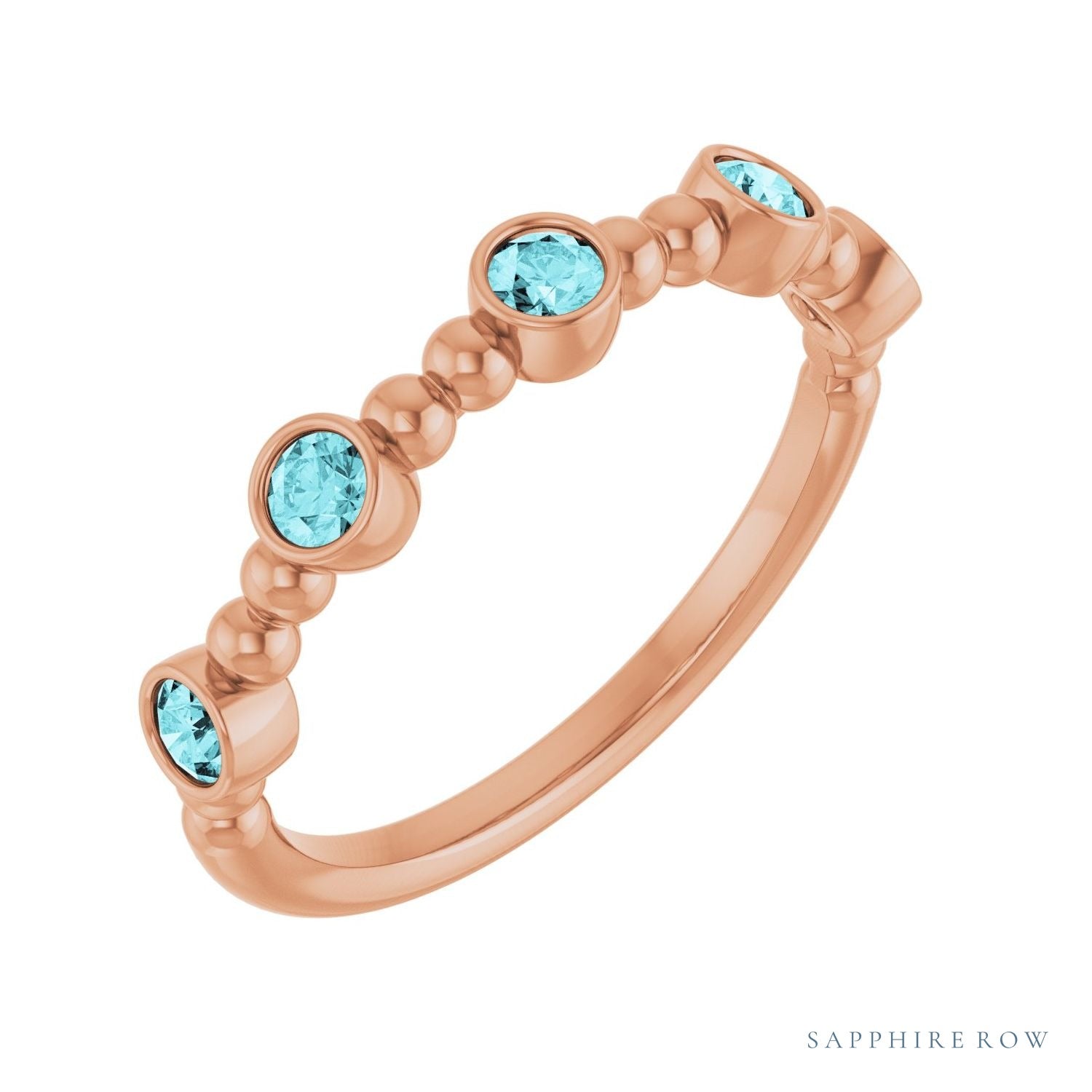 Sapphire Row Natural Gemstone Bead & Bezel Stacking Ring - Blue Zircon, 14K Rose Gold