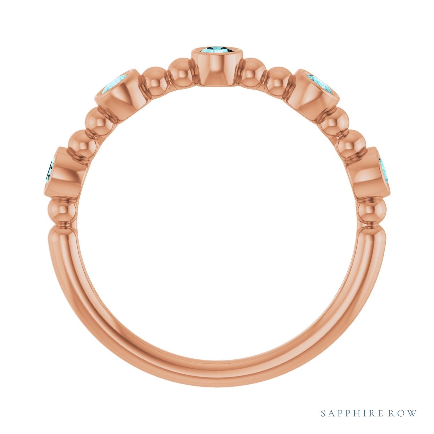 Sapphire Row Natural Gemstone Bead & Bezel Stacking Ring - Blue Zircon, 14K Rose Gold (view 2)