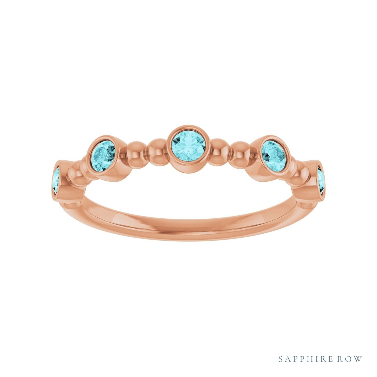 Sapphire Row Natural Gemstone Bead & Bezel Stacking Ring - Blue Zircon, 14K Rose Gold (view 3)
