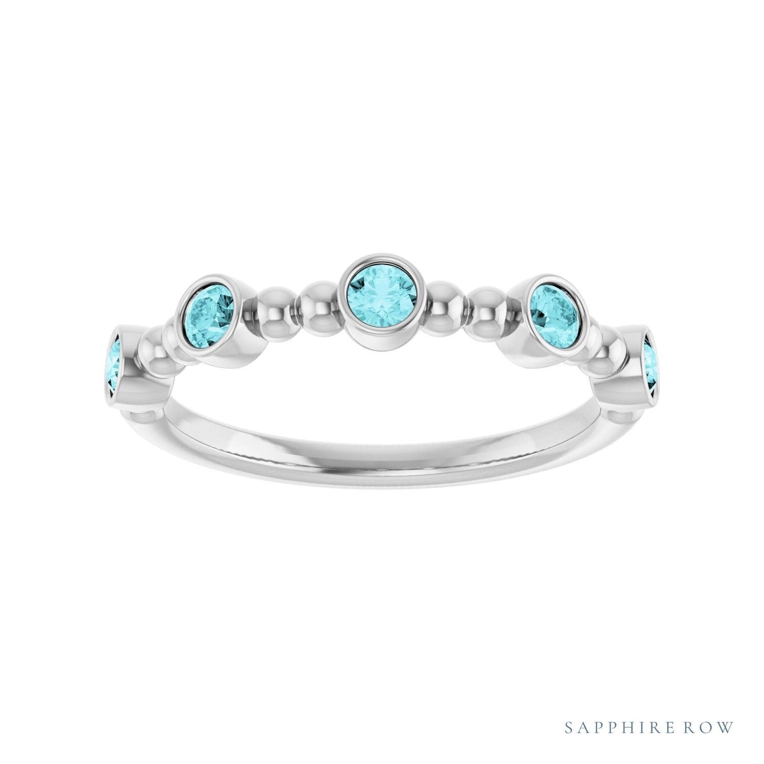 Sapphire Row Natural Gemstone Bead & Bezel Stacking Ring - Blue Zircon, Platinum (view 3)