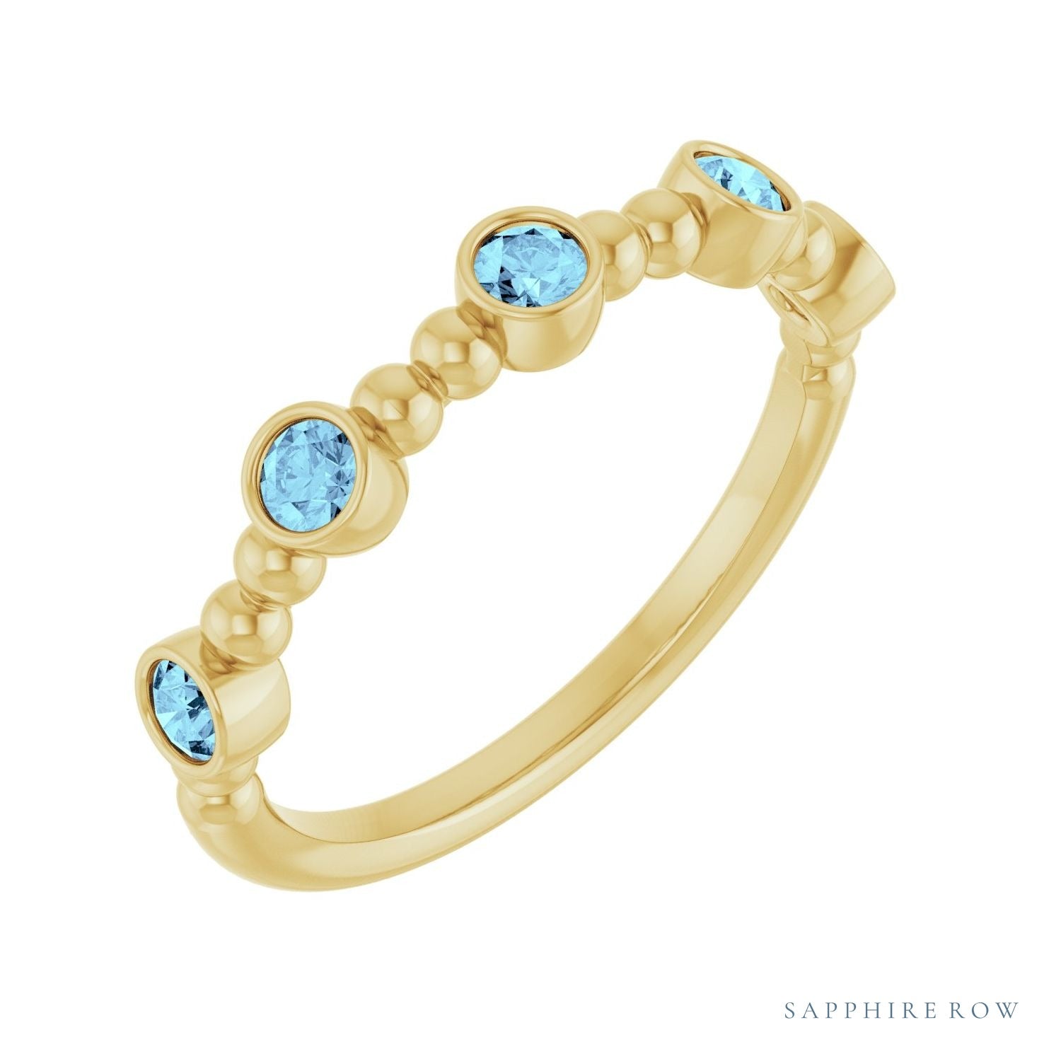 Sapphire Row Natural Gemstone Bead & Bezel Stacking Ring - Aquamarine, 14K Yellow Gold