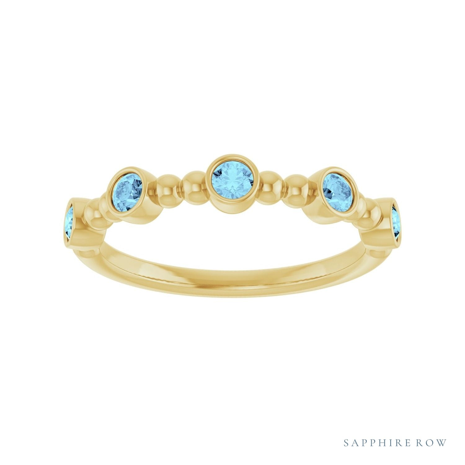 Sapphire Row Natural Gemstone Bead & Bezel Stacking Ring - Aquamarine, 14K Yellow Gold (view 3)