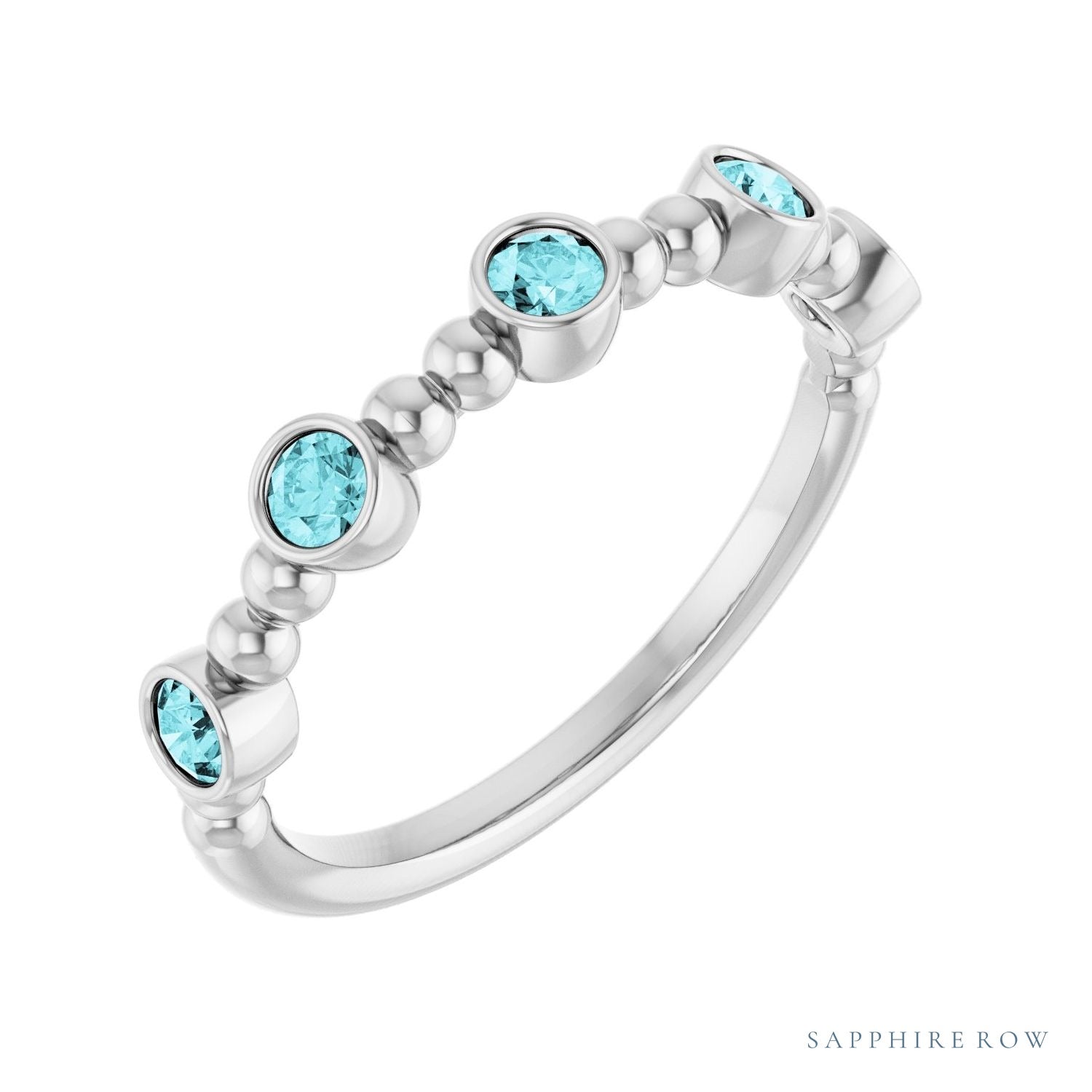 Sapphire Row Natural Gemstone Bead & Bezel Stacking Ring - Blue Zircon, 14K White Gold