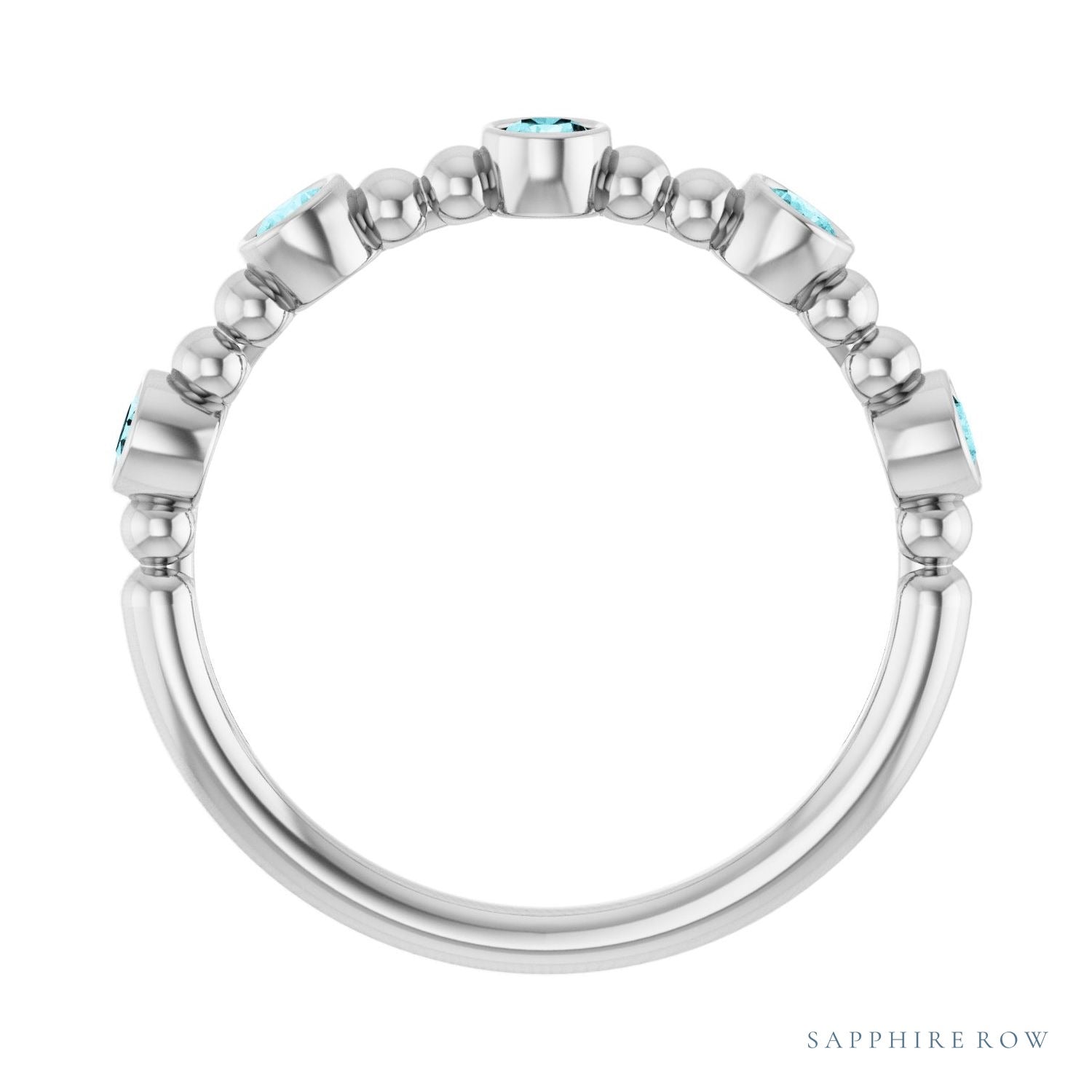 Sapphire Row Natural Gemstone Bead & Bezel Stacking Ring - Blue Zircon, 14K White Gold (view 2)