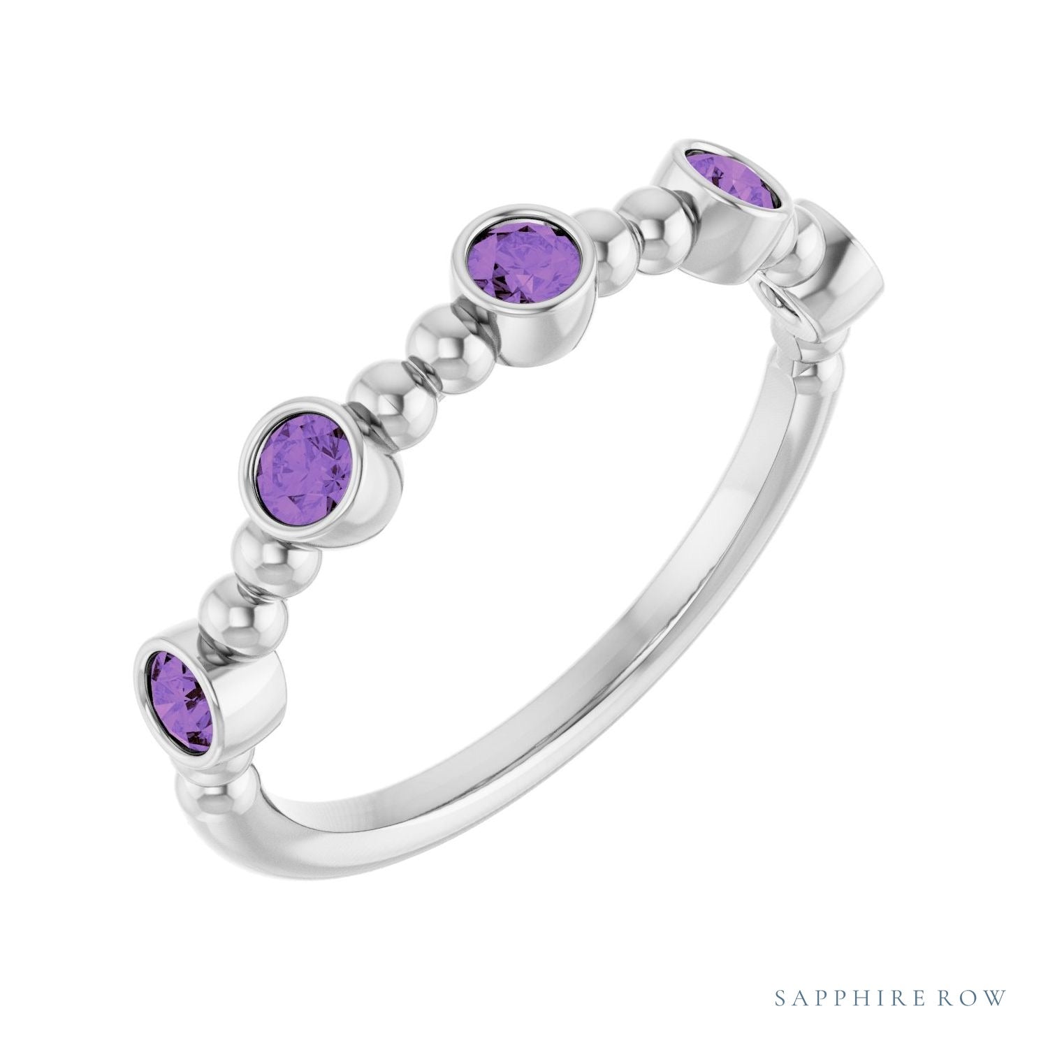 Sapphire Row Natural Gemstone Bead & Bezel Stacking Ring - Amethyst, Platinum