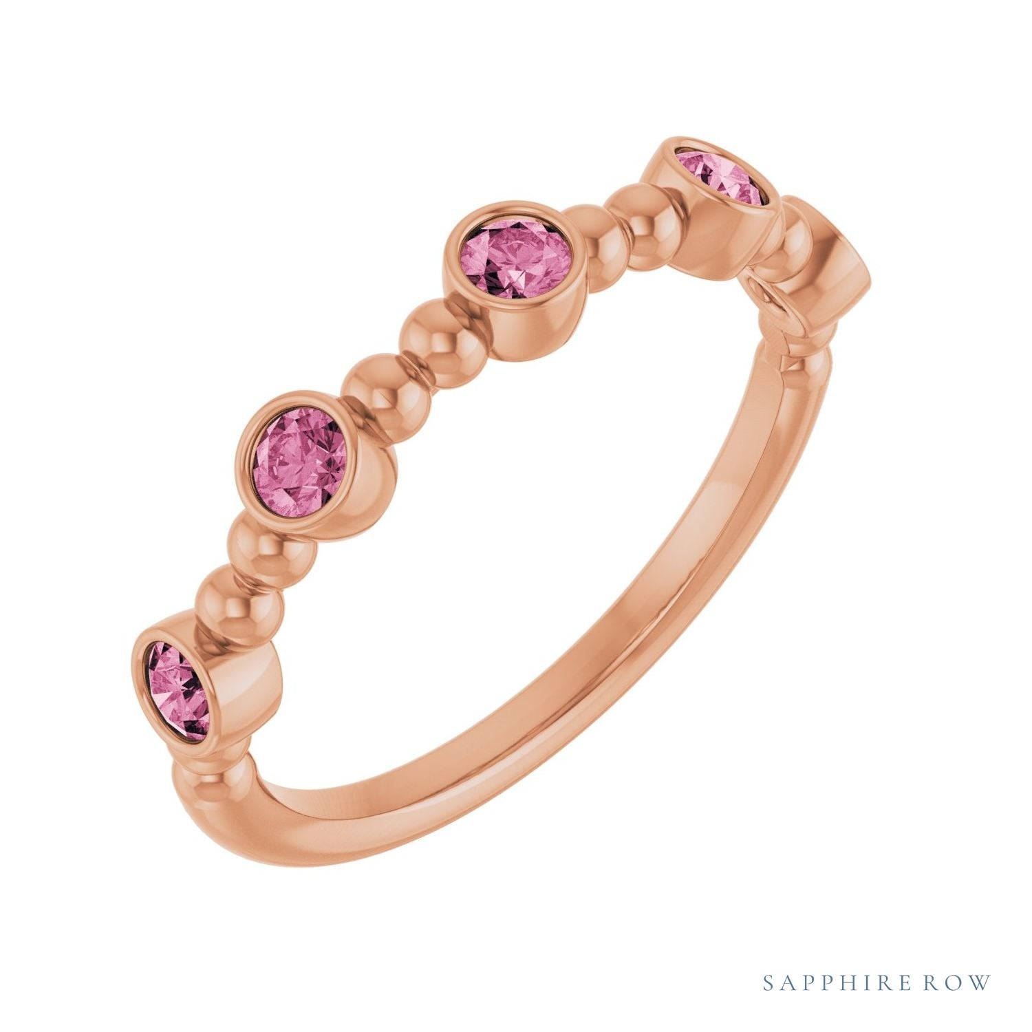 Sapphire Row Natural Gemstone Bead & Bezel Stacking Ring - Pink Tourmaline, 14K Rose Gold