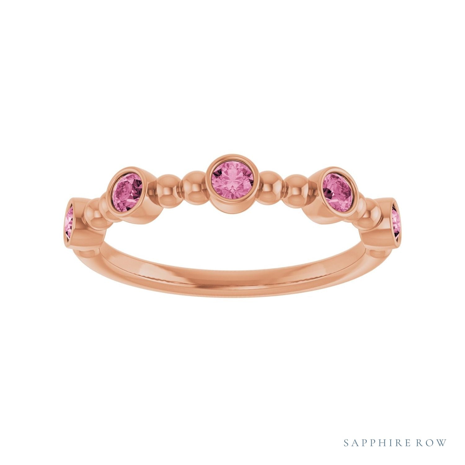 Sapphire Row Natural Gemstone Bead & Bezel Stacking Ring - Pink Tourmaline, 14K Rose Gold (view 3)