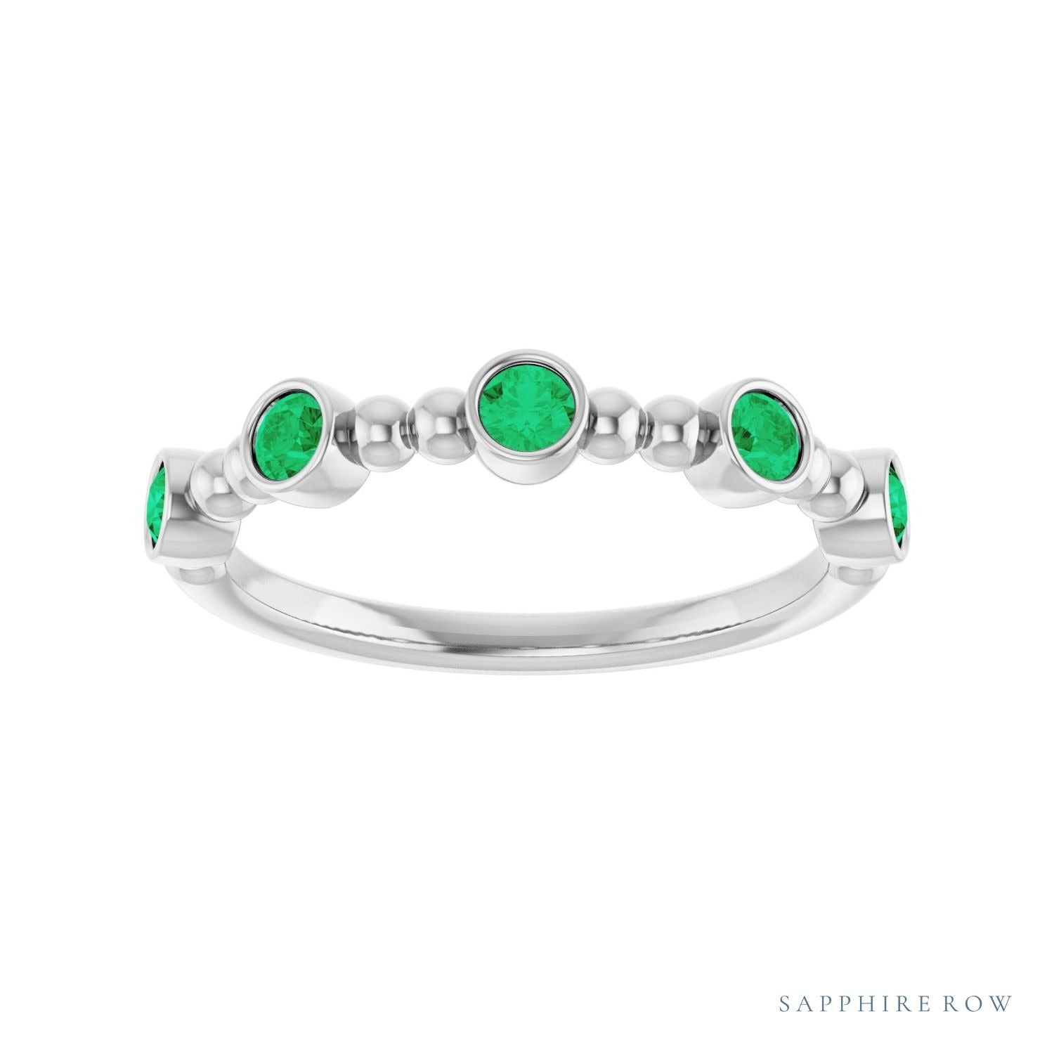 Sapphire Row Natural Gemstone Bead & Bezel Stacking Ring - Emerald, Platinum (view 3)
