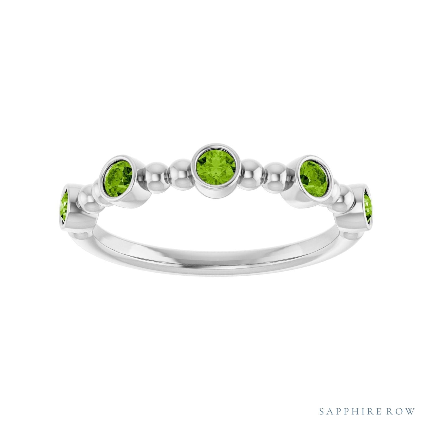 Sapphire Row Natural Gemstone Bead & Bezel Stacking Ring - Peridot, Platinum (view 3)