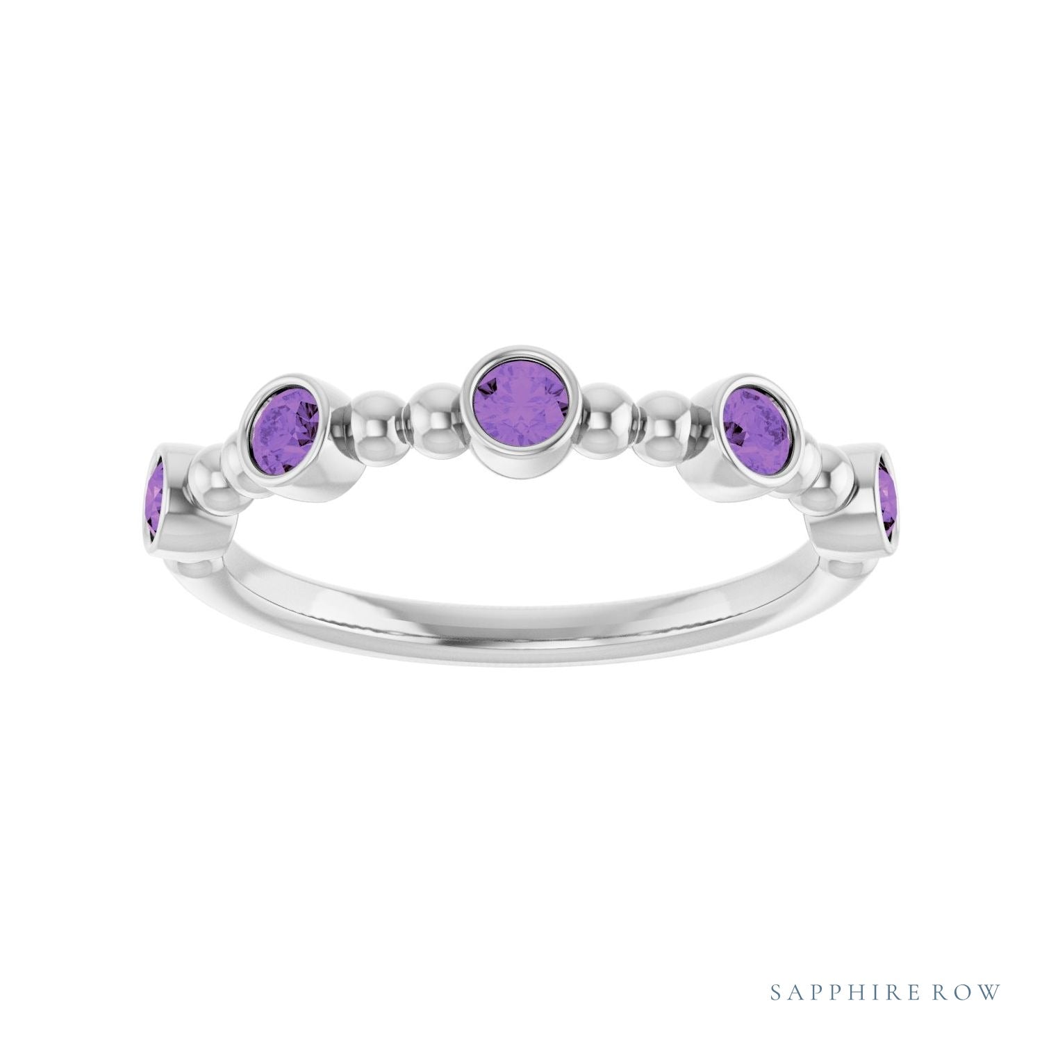 Sapphire Row Natural Gemstone Bead & Bezel Stacking Ring - Amethyst, 14K White Gold (view 3)