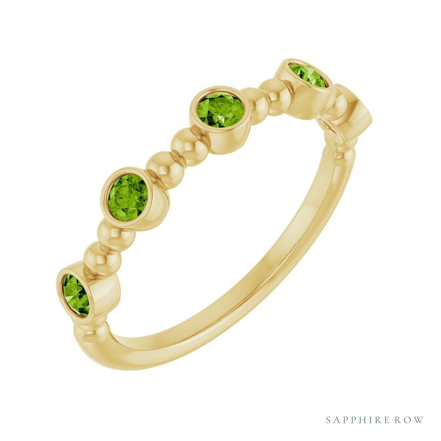 Sapphire Row Natural Gemstone Bead & Bezel Stacking Ring - Peridot, 14K Yellow Gold