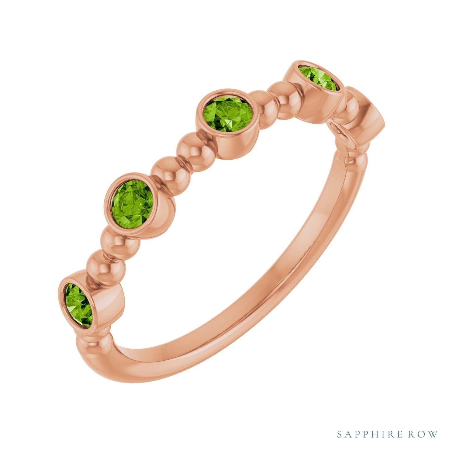 Sapphire Row Natural Gemstone Bead & Bezel Stacking Ring - Peridot, 14K Rose Gold