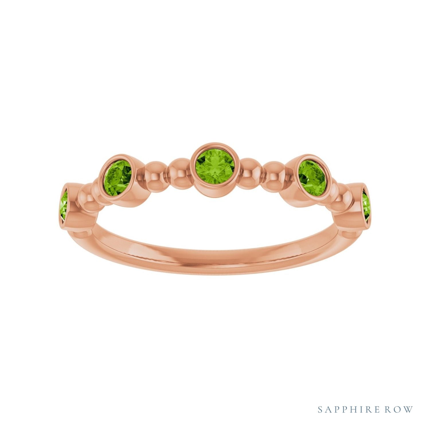 Sapphire Row Natural Gemstone Bead & Bezel Stacking Ring - Peridot, 14K Rose Gold (view 3)