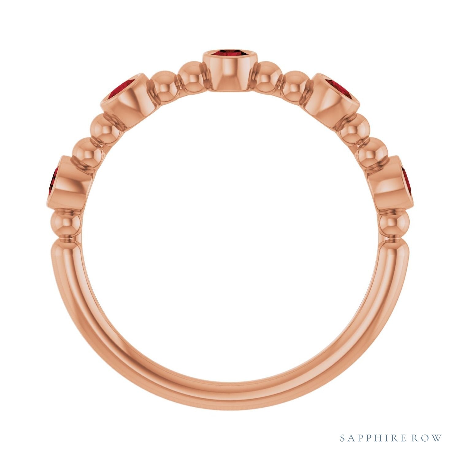 Sapphire Row Natural Gemstone Bead & Bezel Stacking Ring - Mozambique Garnet, 14K Rose Gold (view 2)