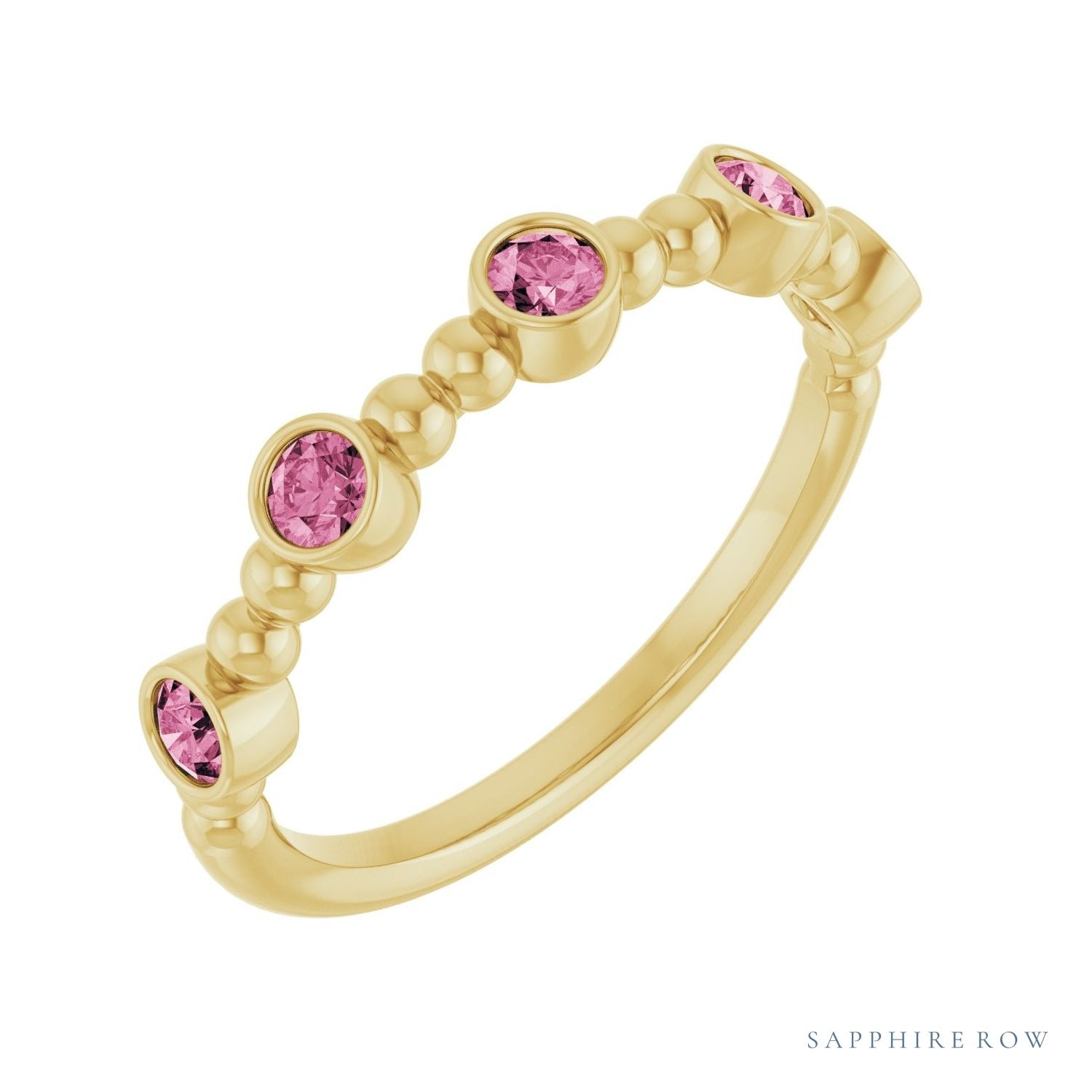Sapphire Row Natural Gemstone Bead & Bezel Stacking Ring - Pink Tourmaline, 14K Yellow Gold