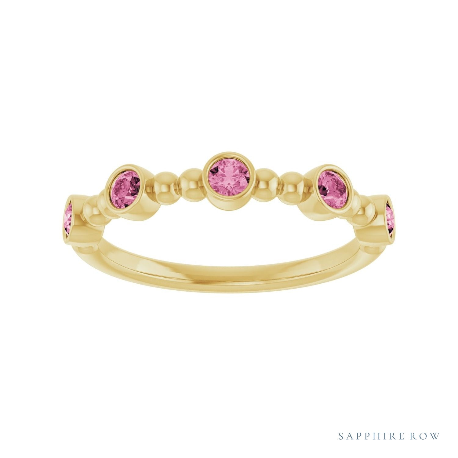 Sapphire Row Natural Gemstone Bead & Bezel Stacking Ring - Pink Tourmaline, 14K Yellow Gold (view 3)