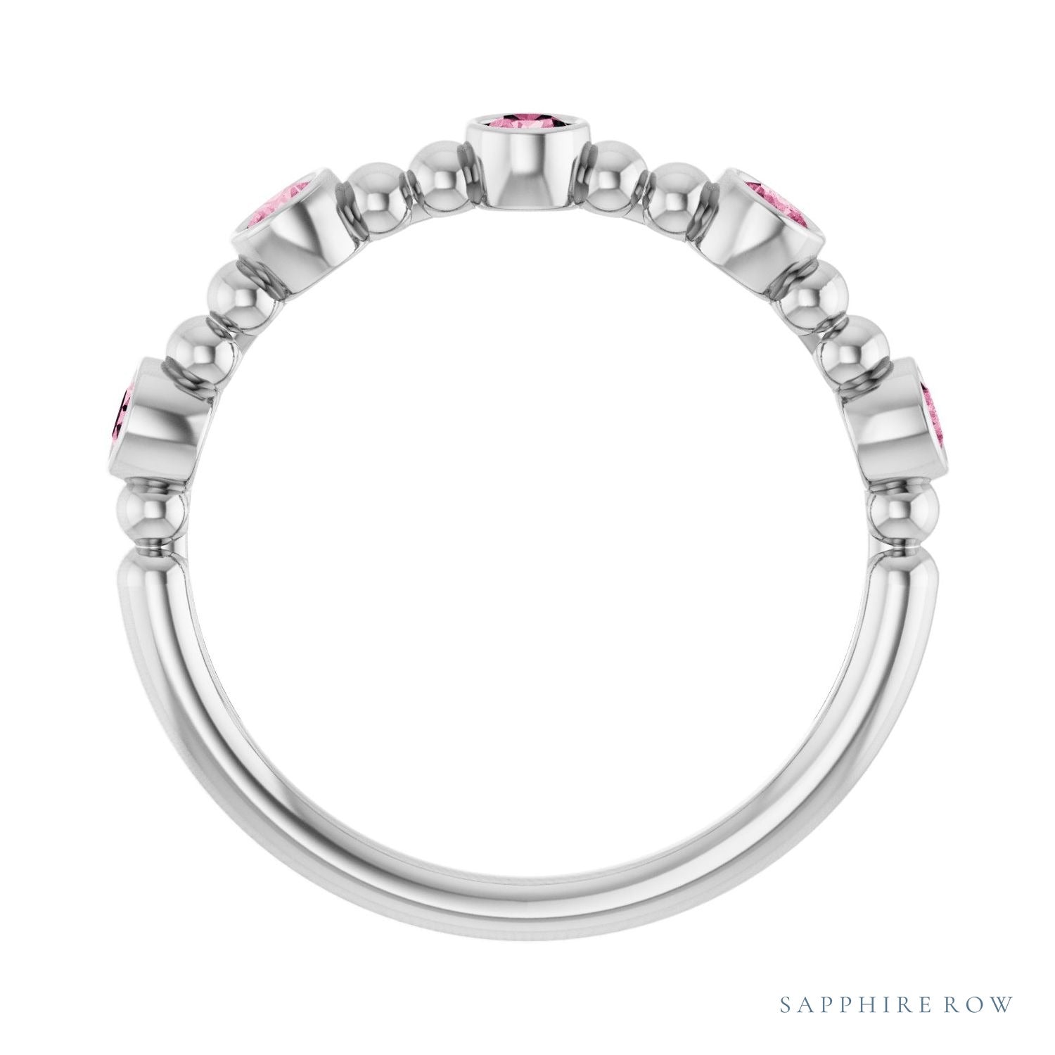 Sapphire Row Natural Gemstone Bead & Bezel Stacking Ring - Pink Tourmaline, 14K White Gold (view 2)